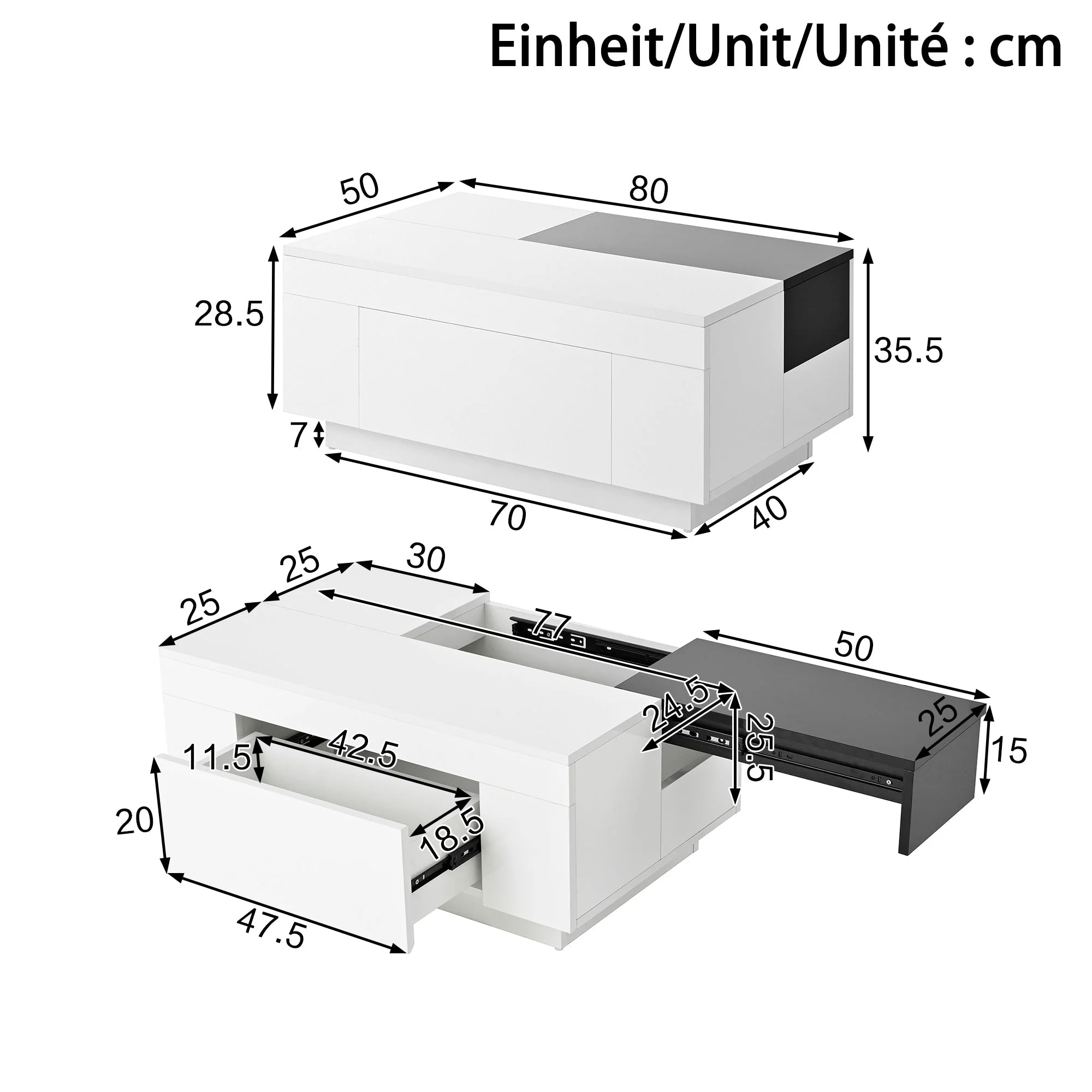 Coffee Table with LED Lighting, Extendable Tabletop, Storage - Black and White - Image 5
