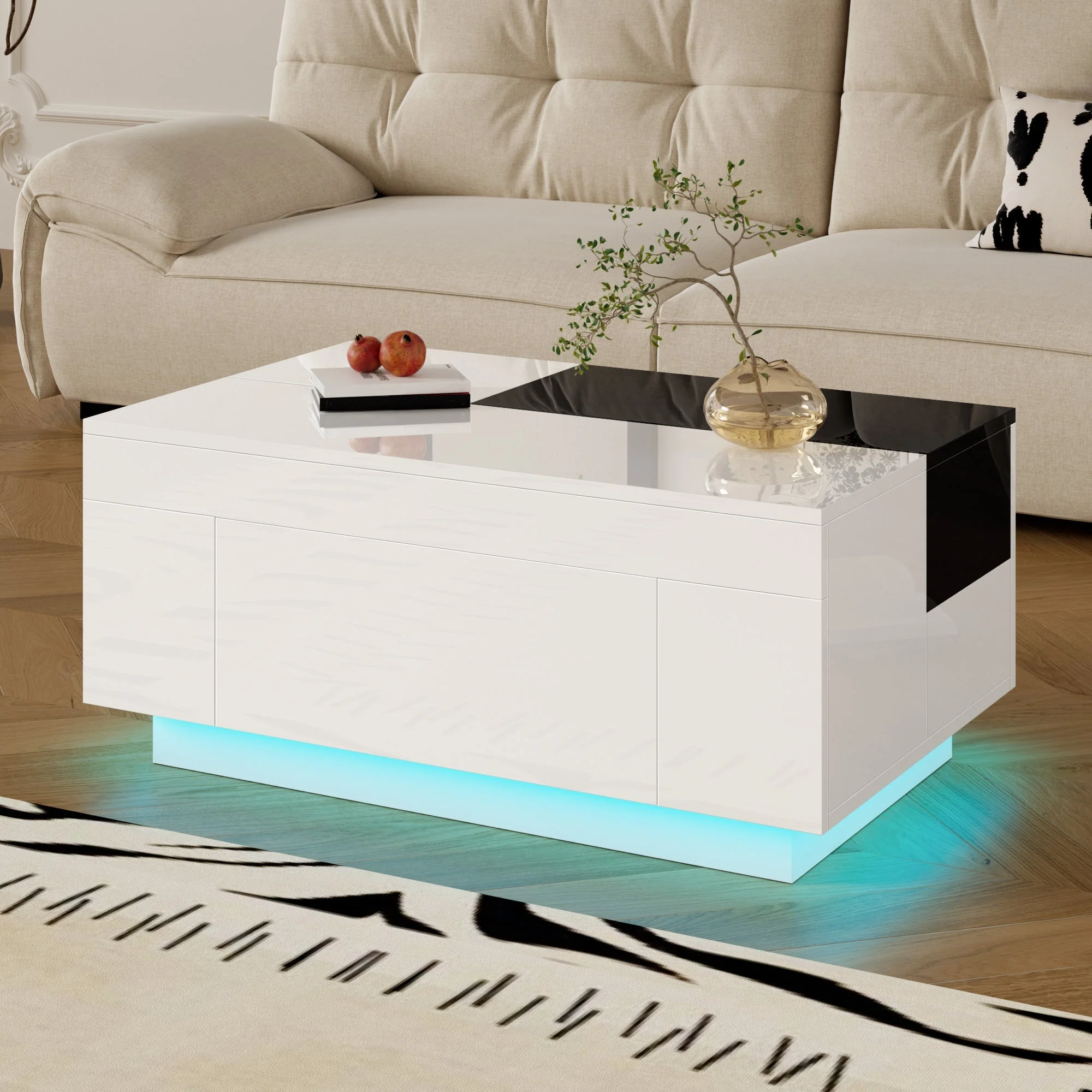 Coffee Table with LED Lighting, Extendable Tabletop, Storage - Black and White - Image 6