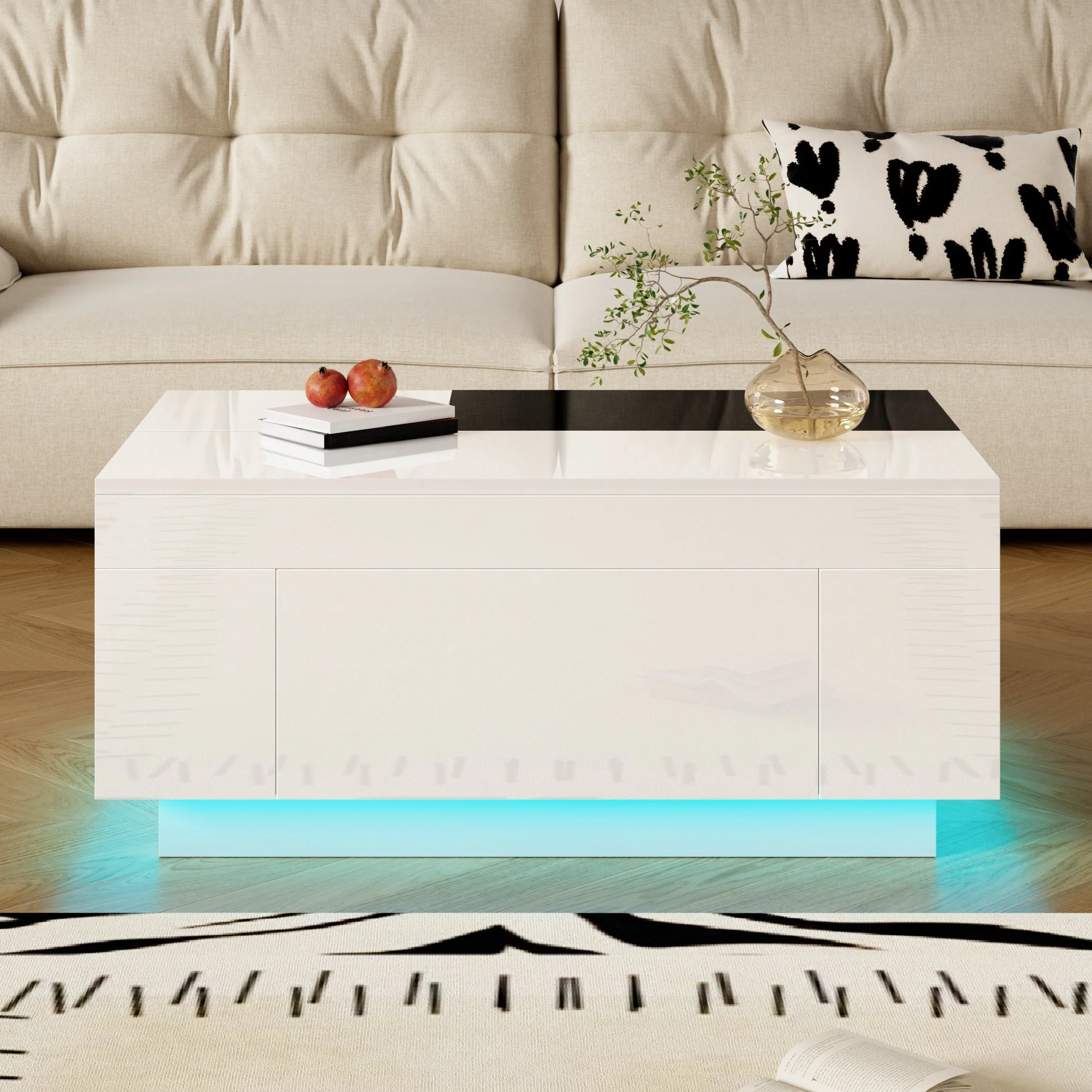 Coffee Table with LED Lighting, Extendable Tabletop, Storage - Black and White - Image 7