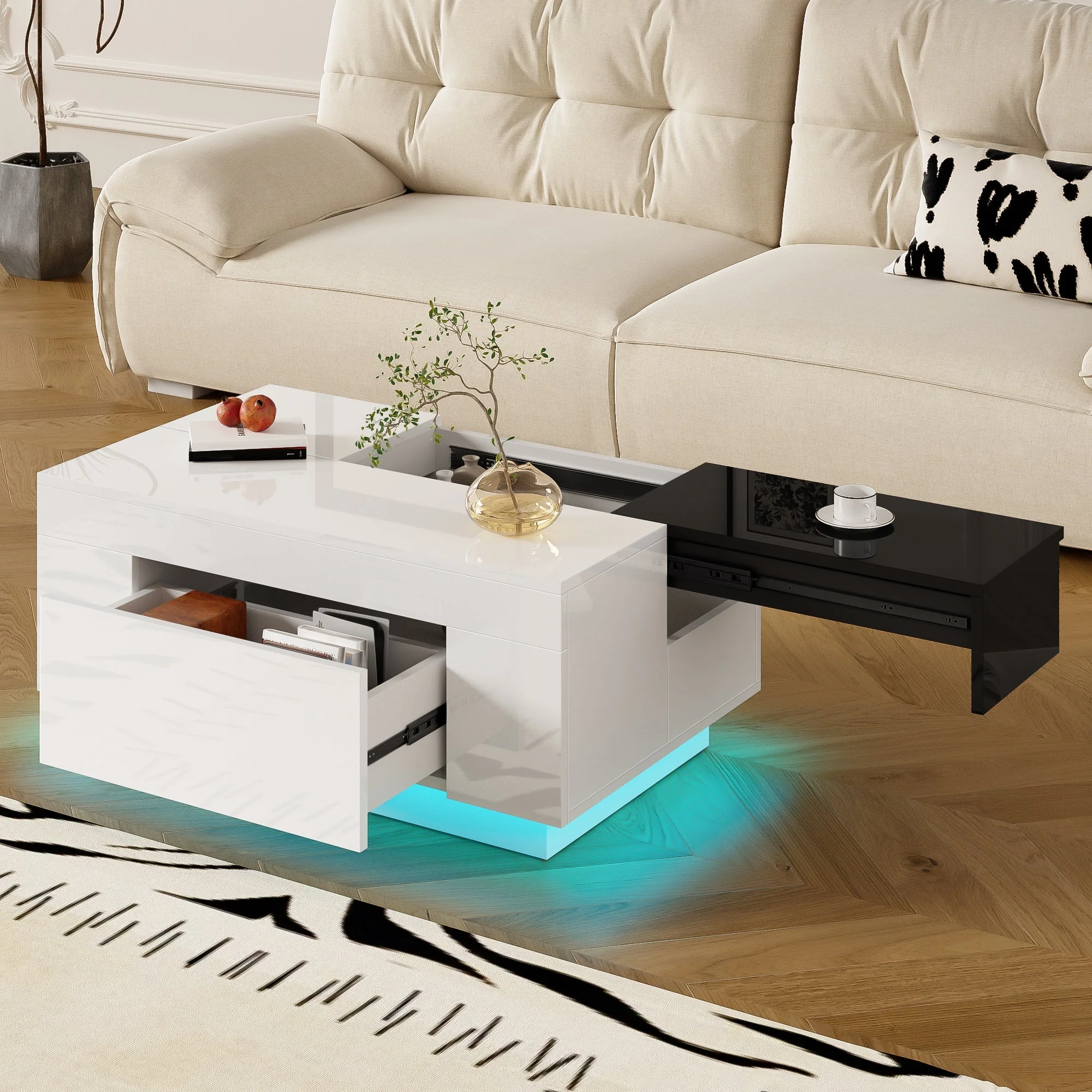 Coffee Table with LED Lighting, Extendable Tabletop, Storage - Black and White - Image 8