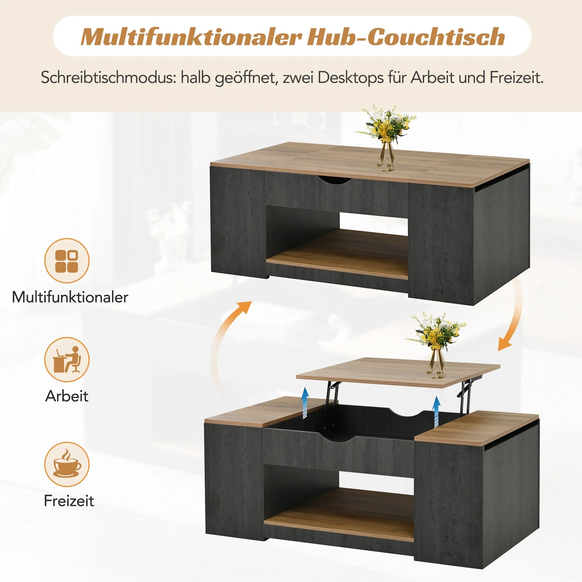 Coffee Table with Lift Function & Storage 109.5cm - Grey Frame - Image 6