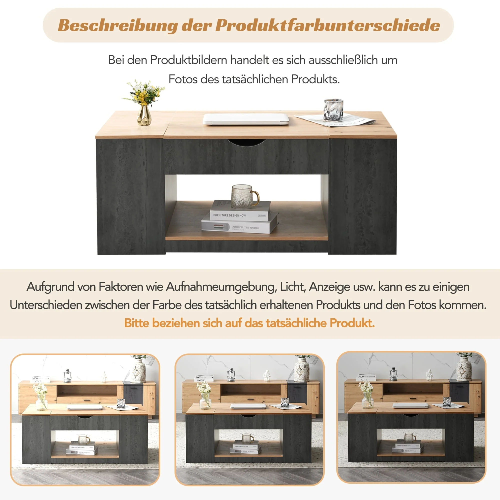 Coffee Table with Lift Function & Storage 109.5cm - Grey Frame - Image 7