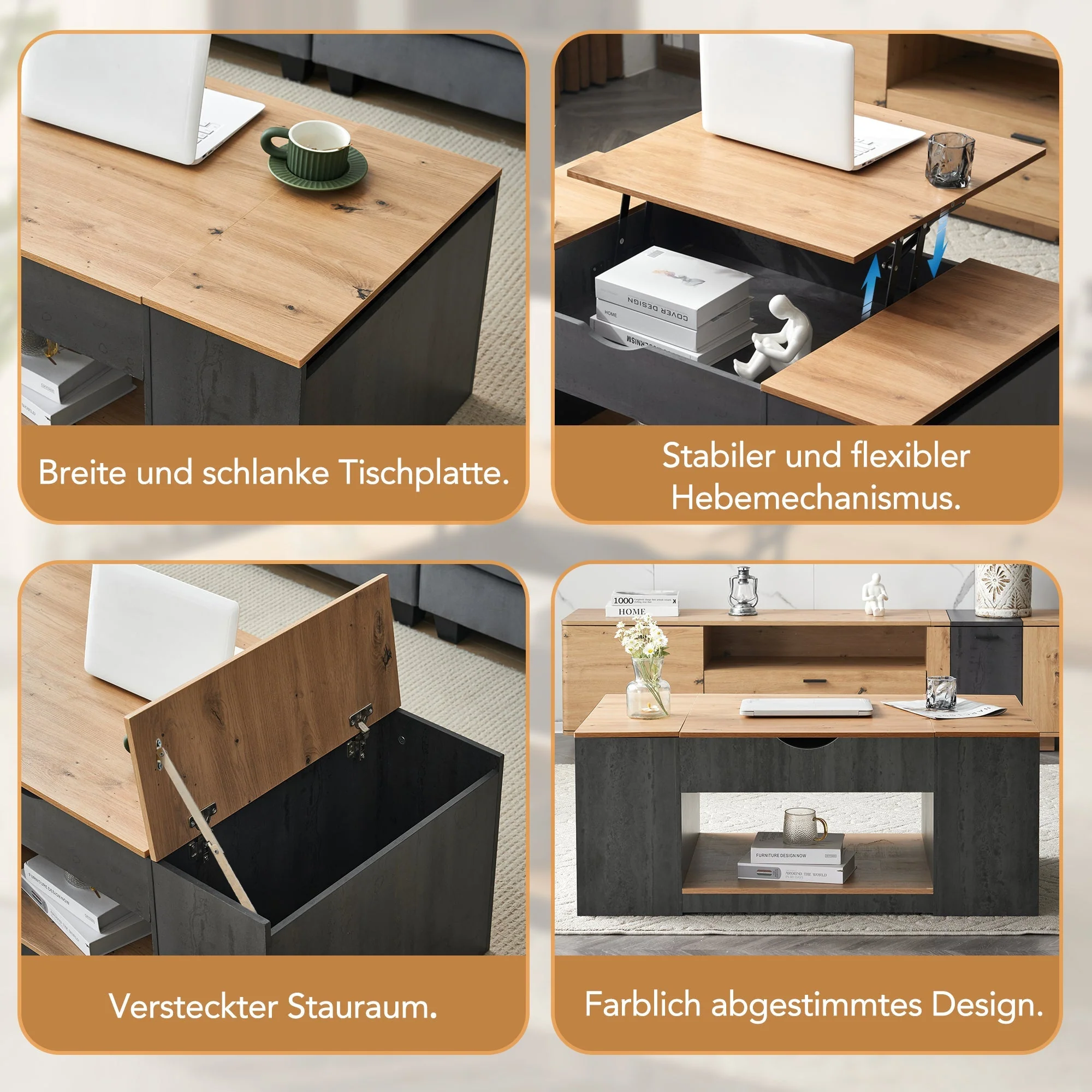 Coffee Table with Lift Function & Storage 109.5cm - Grey Frame - Image 8