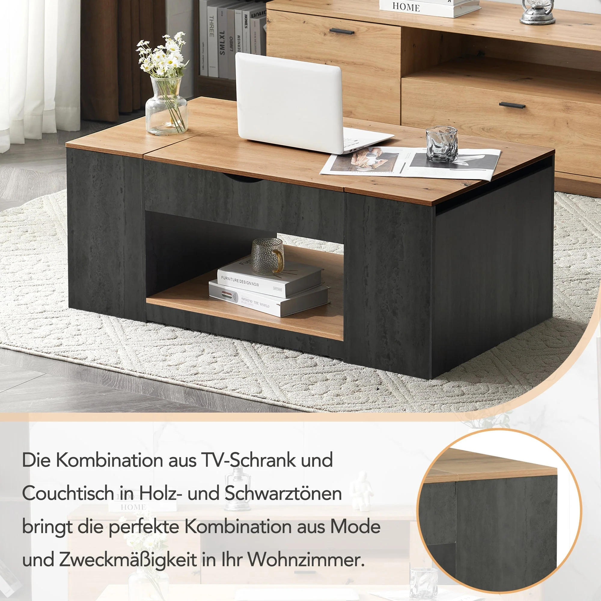 Coffee Table with Lift Function & Storage 109.5cm - Grey Frame - Image 9