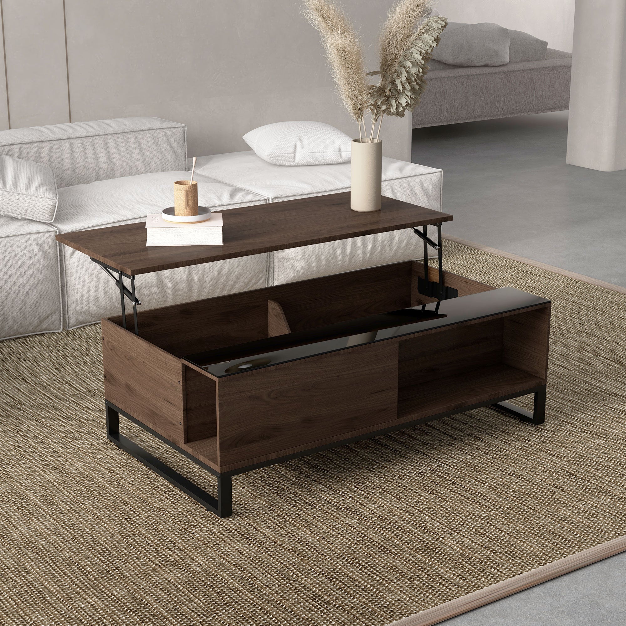 Coffee Table with Lifting Function & Storage, Steel in Walnut Black