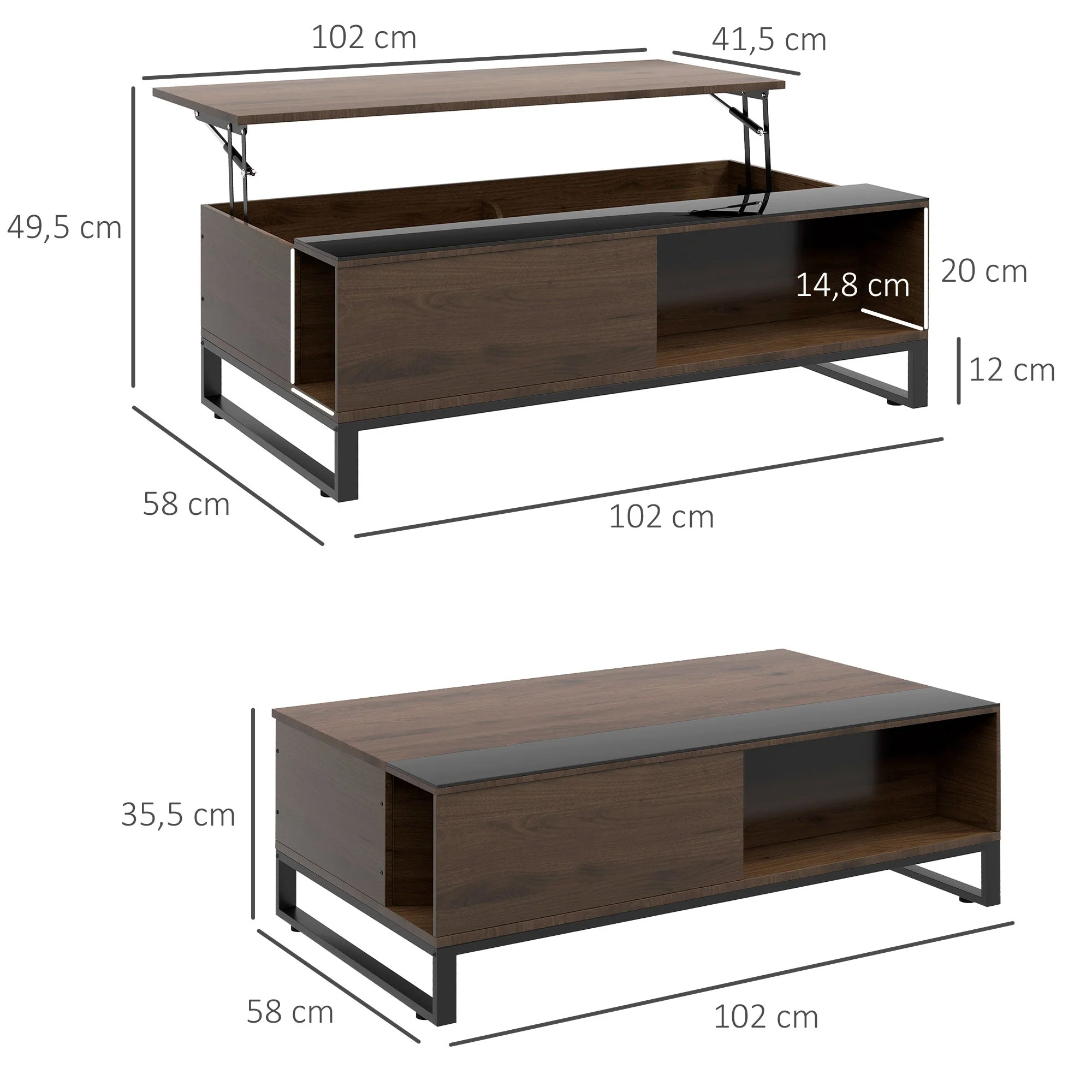 Coffee Table with Lifting Function & Storage, Steel in Walnut Black - Image 3