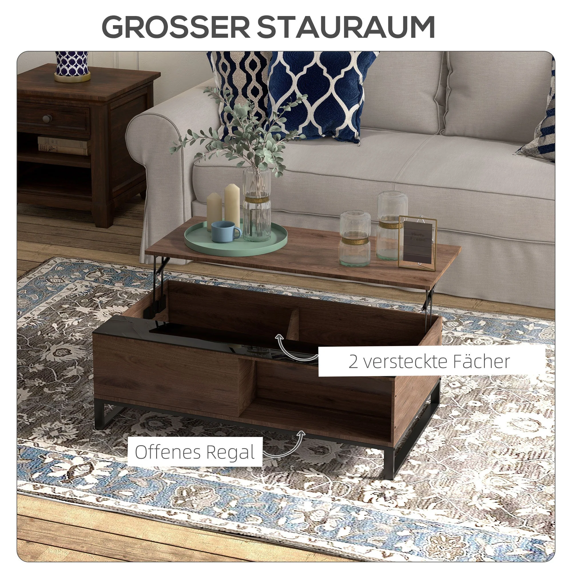Coffee Table with Lifting Function & Storage, Steel in Walnut Black - Image 5