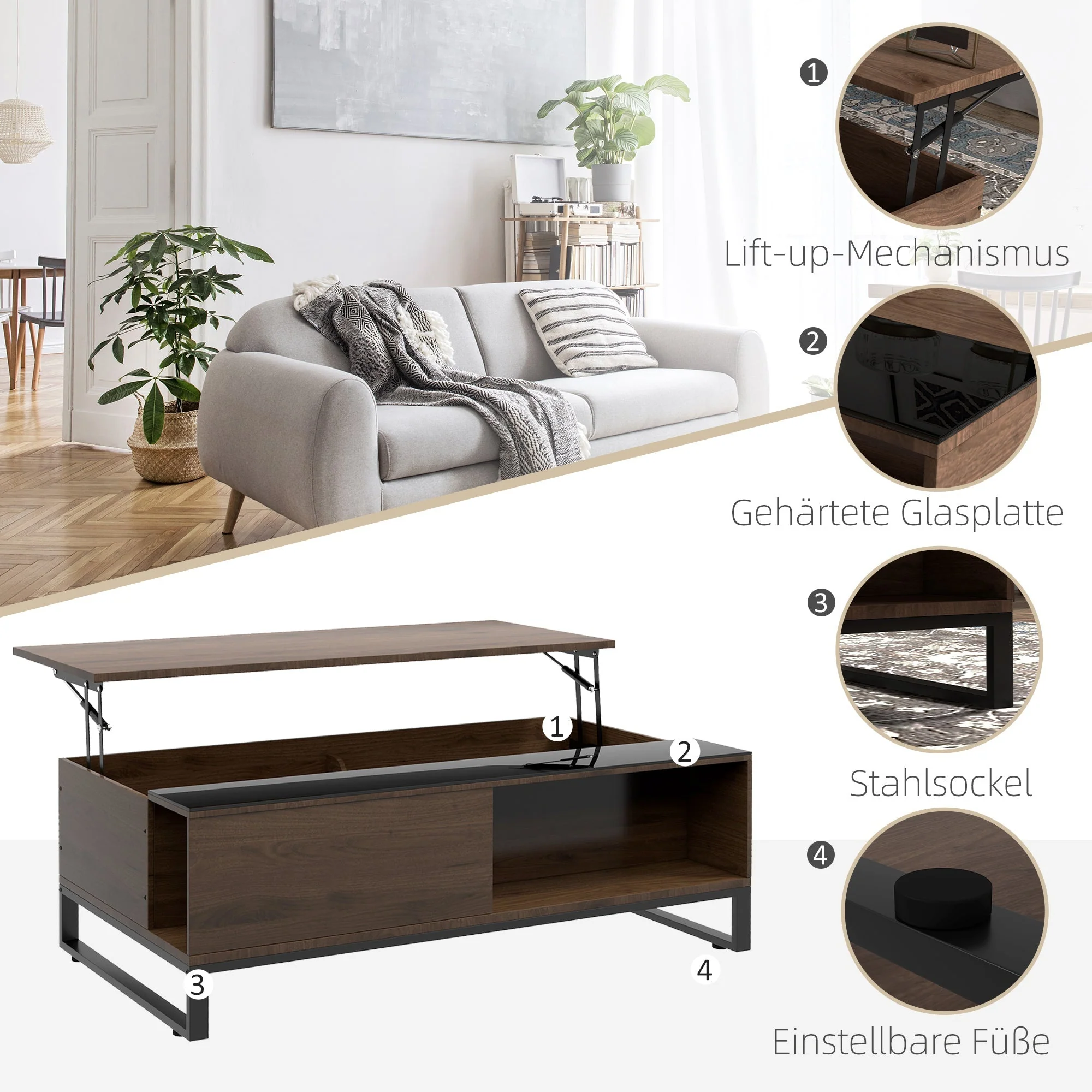 Coffee Table with Lifting Function & Storage, Steel in Walnut Black - Image 6