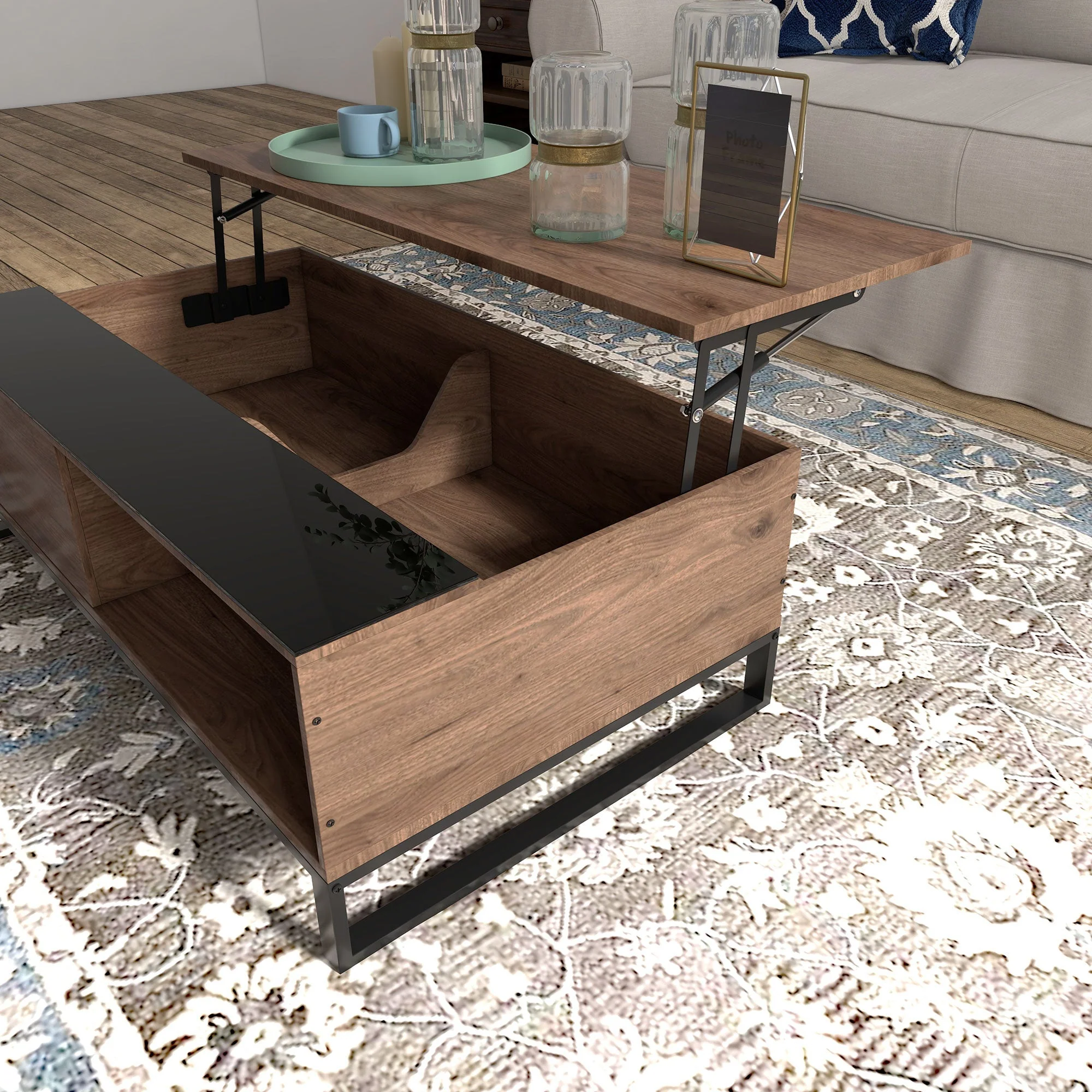 Coffee Table with Lifting Function & Storage, Steel in Walnut Black - Image 8