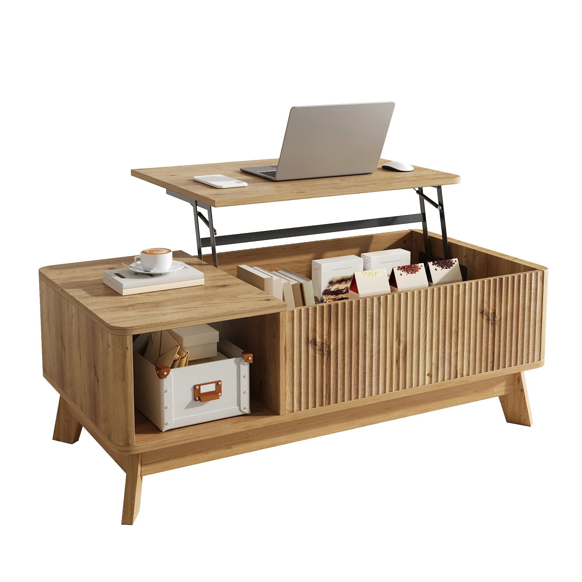 Coffee Table with Lifting Mechanism, Wave Design and Open Side Compartment, MDF Material - Image 2