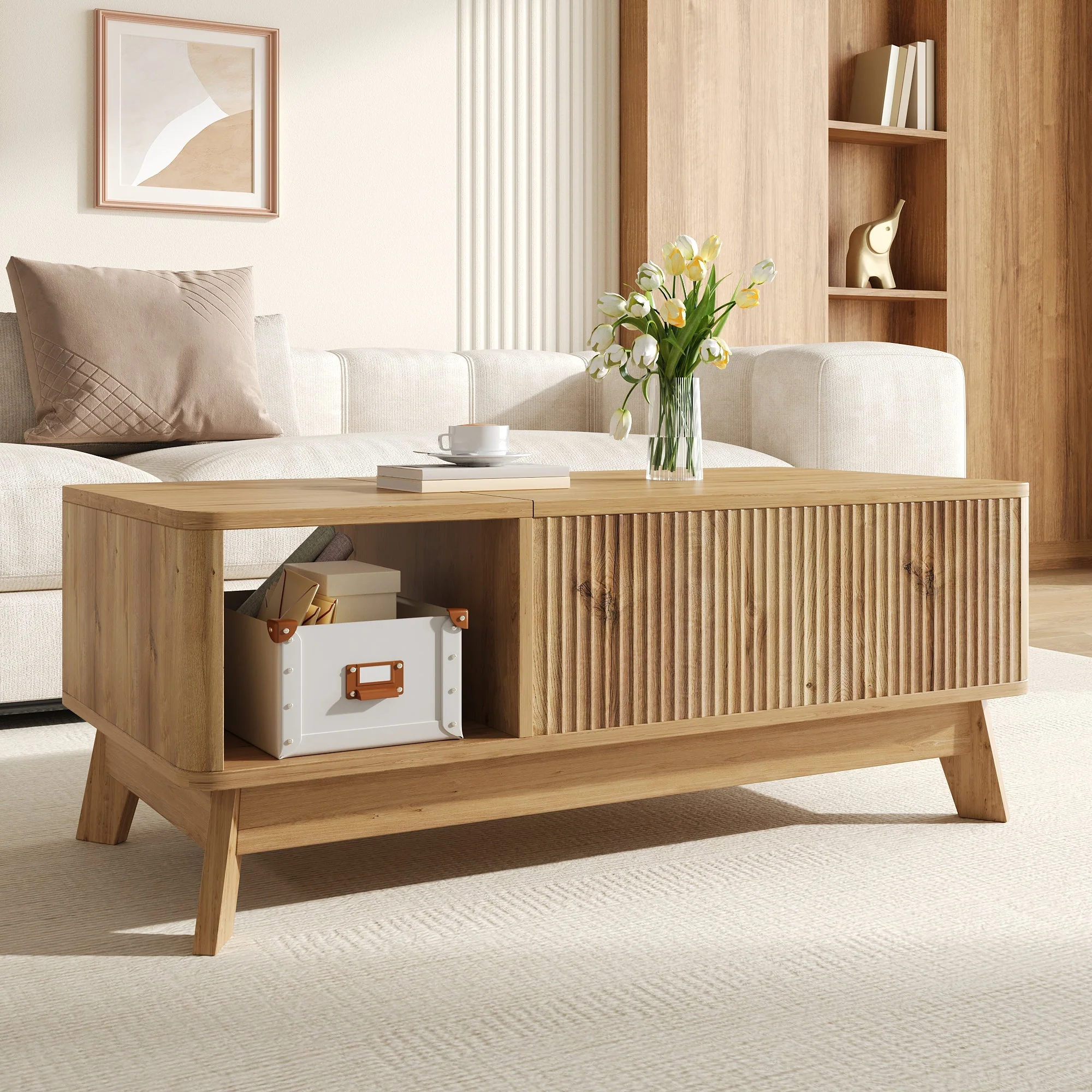 Coffee Table with Lifting Mechanism, Wave Design and Open Side Compartment, MDF Material - Image 6