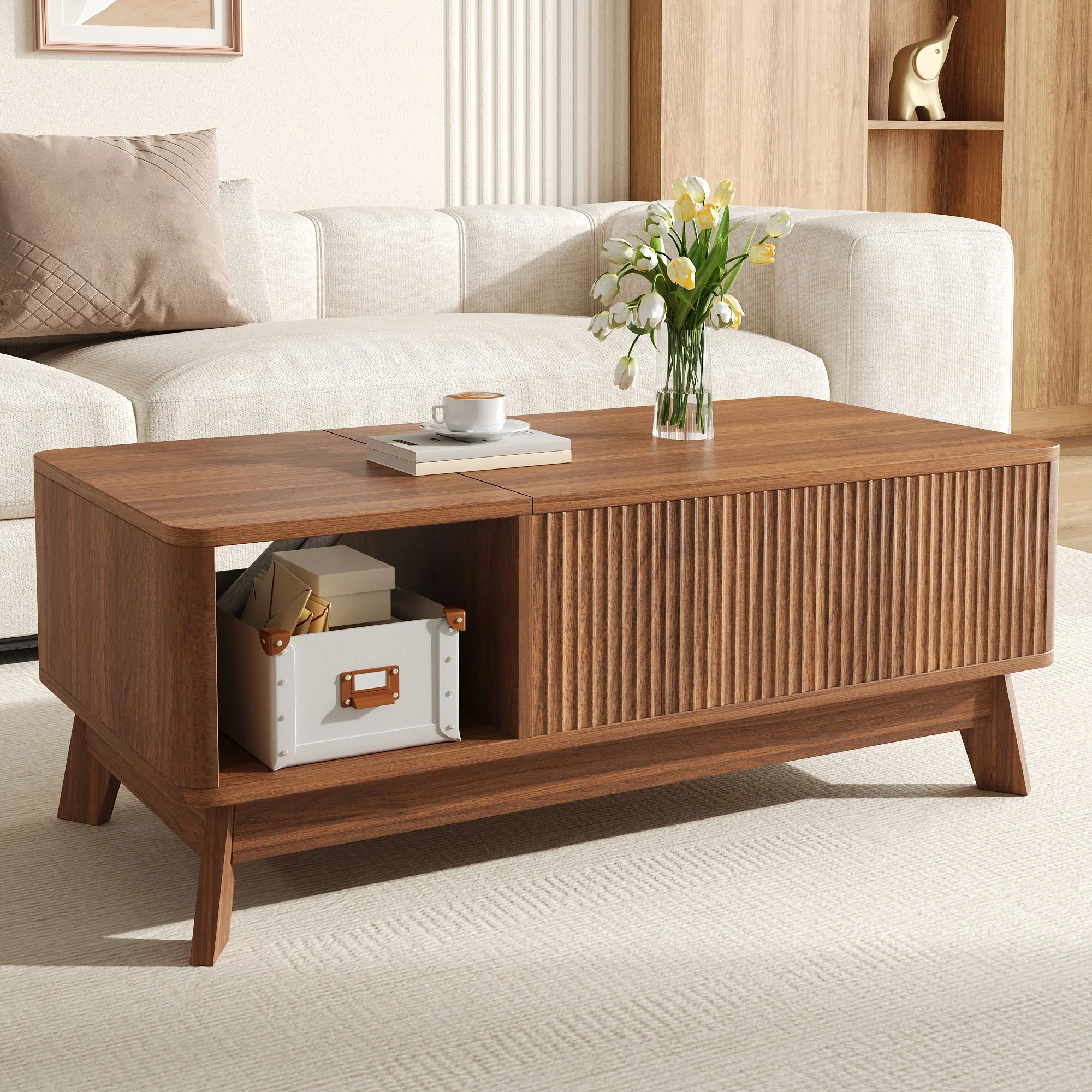 Coffee Table with Lifting Mechanism, Wave Design and Side Compartment, MDF Material - Image 6