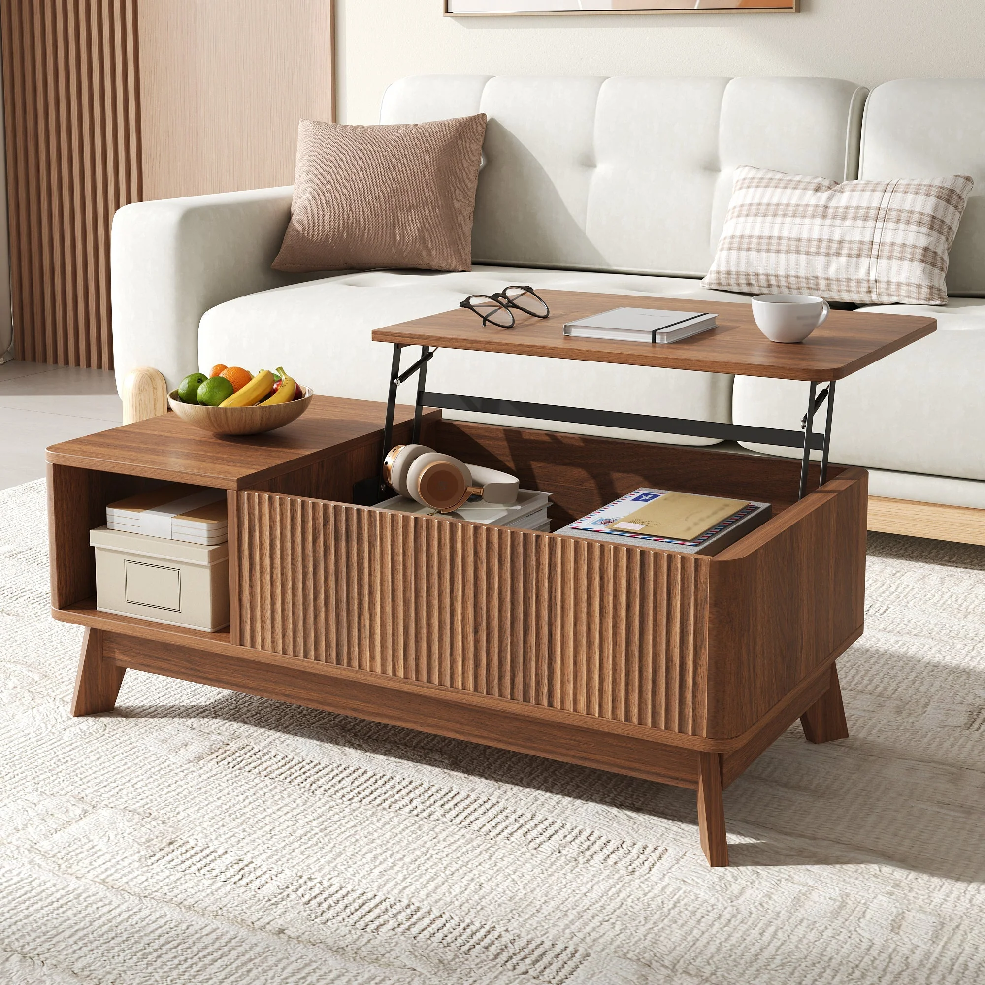 Coffee Table with Lifting Mechanism, Wave Design and Side Compartment, MDF Material - Image 9