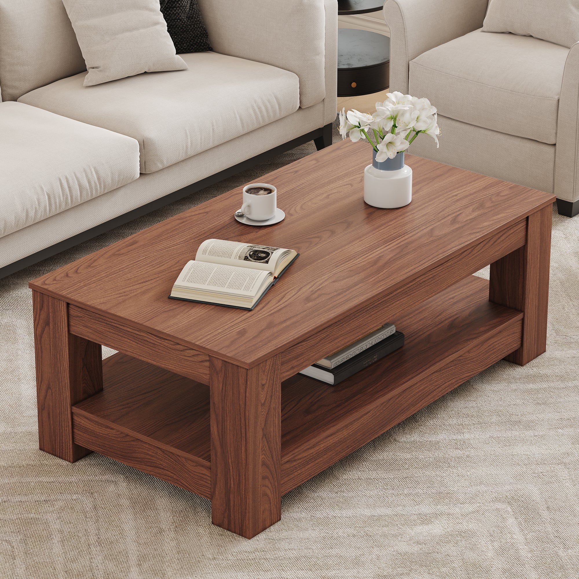 Coffee Table with Modern Two-Tiered Design, Walnut Wood MDF - Image 2