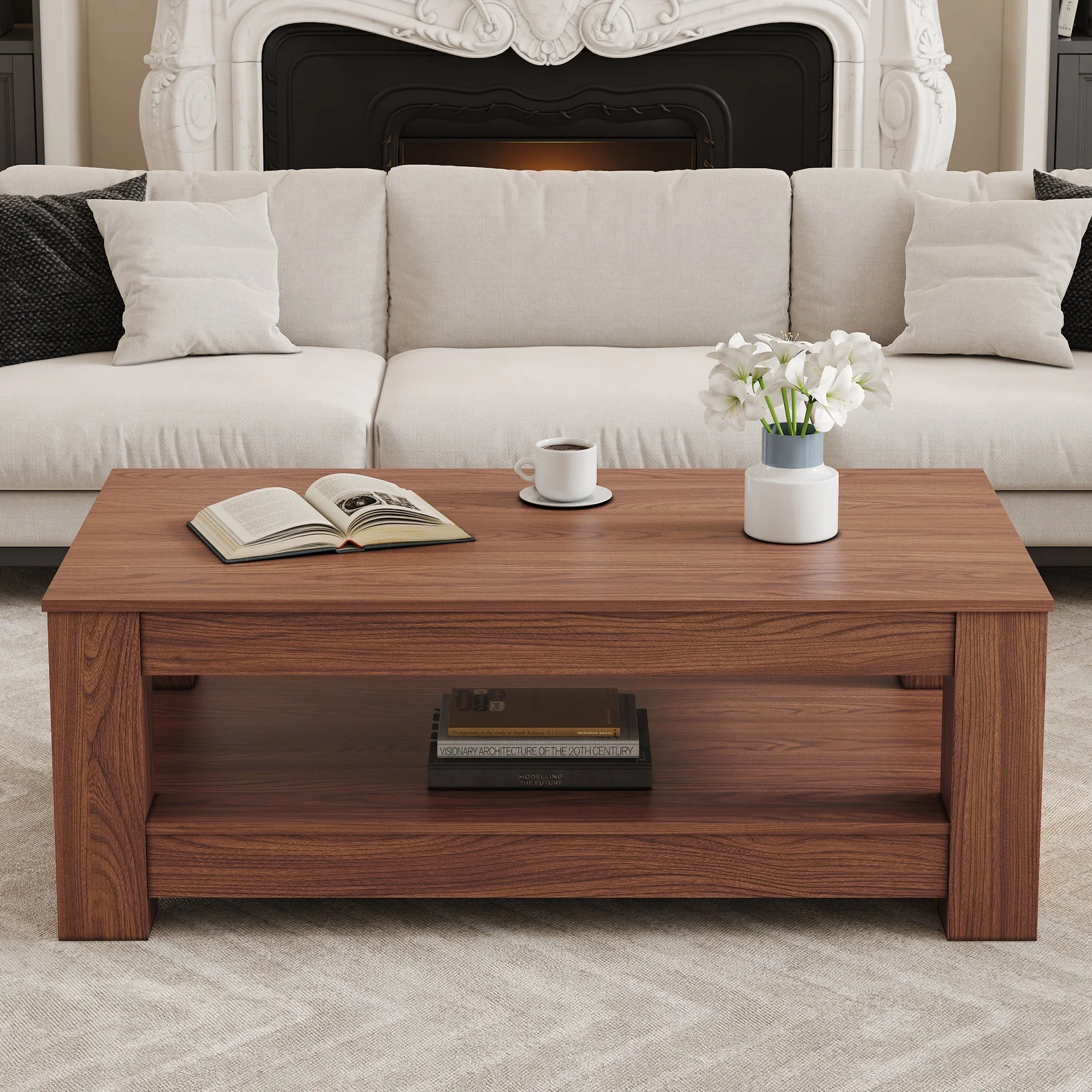 Coffee Table with Modern Two-Tiered Design, Walnut Wood MDF - Image 3