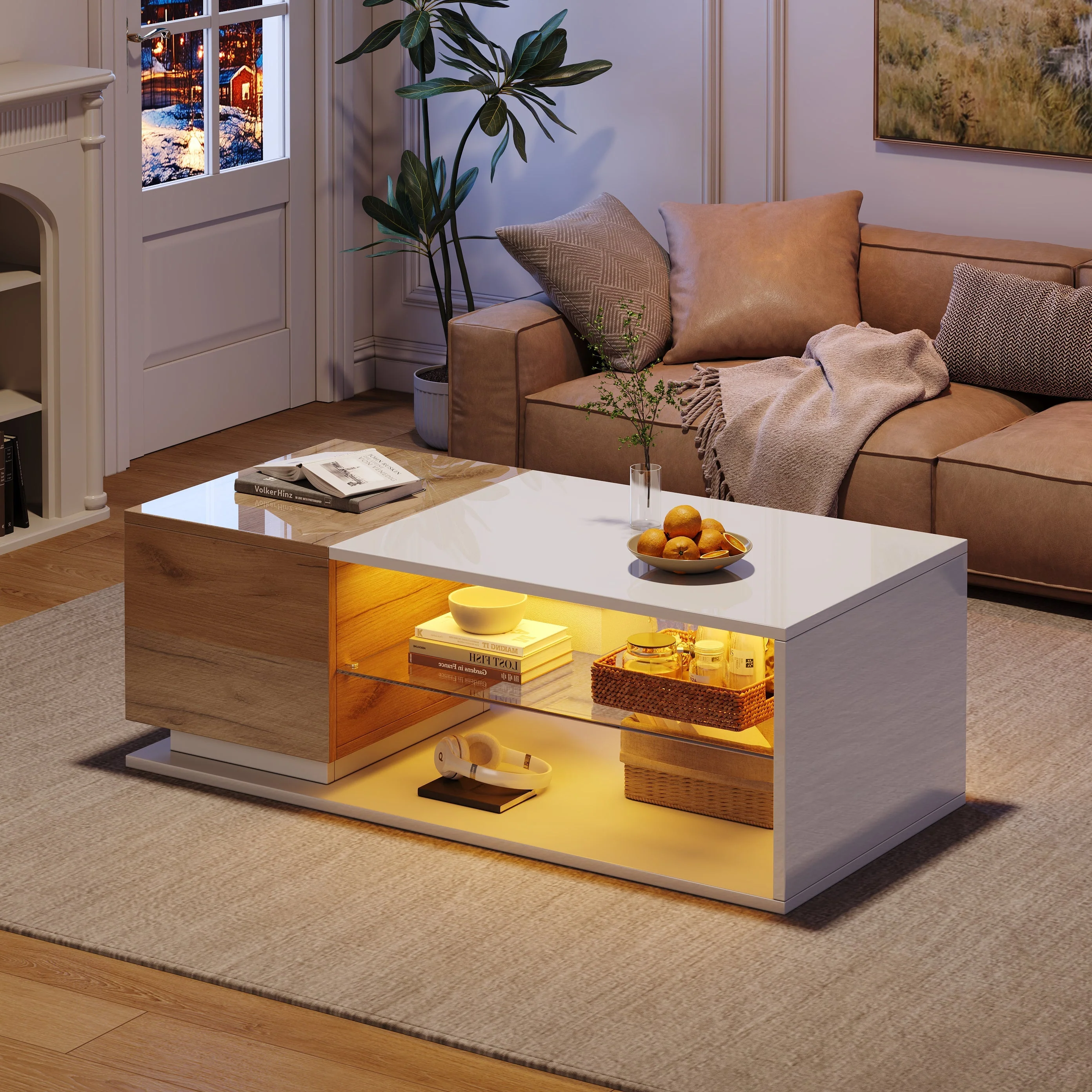 Coffee Table with Open Storage, Glass Shelves and LED, High Gloss White + Wood, MDF + Glass - Image 2