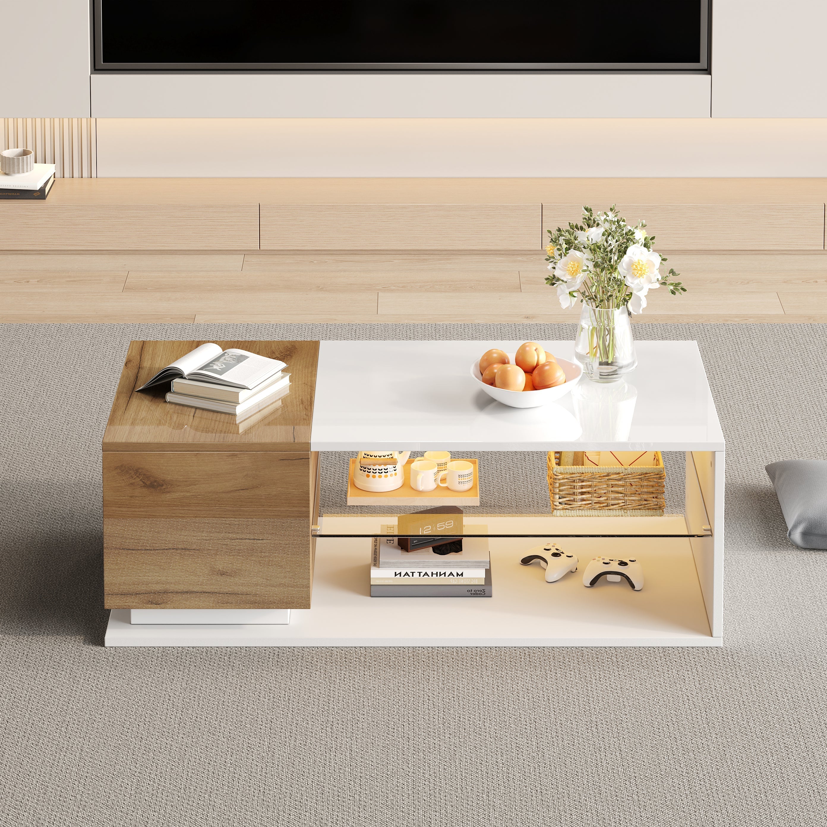 Coffee Table with Open Storage, Glass Shelves and LED, High Gloss White + Wood, MDF + Glass - Image 3