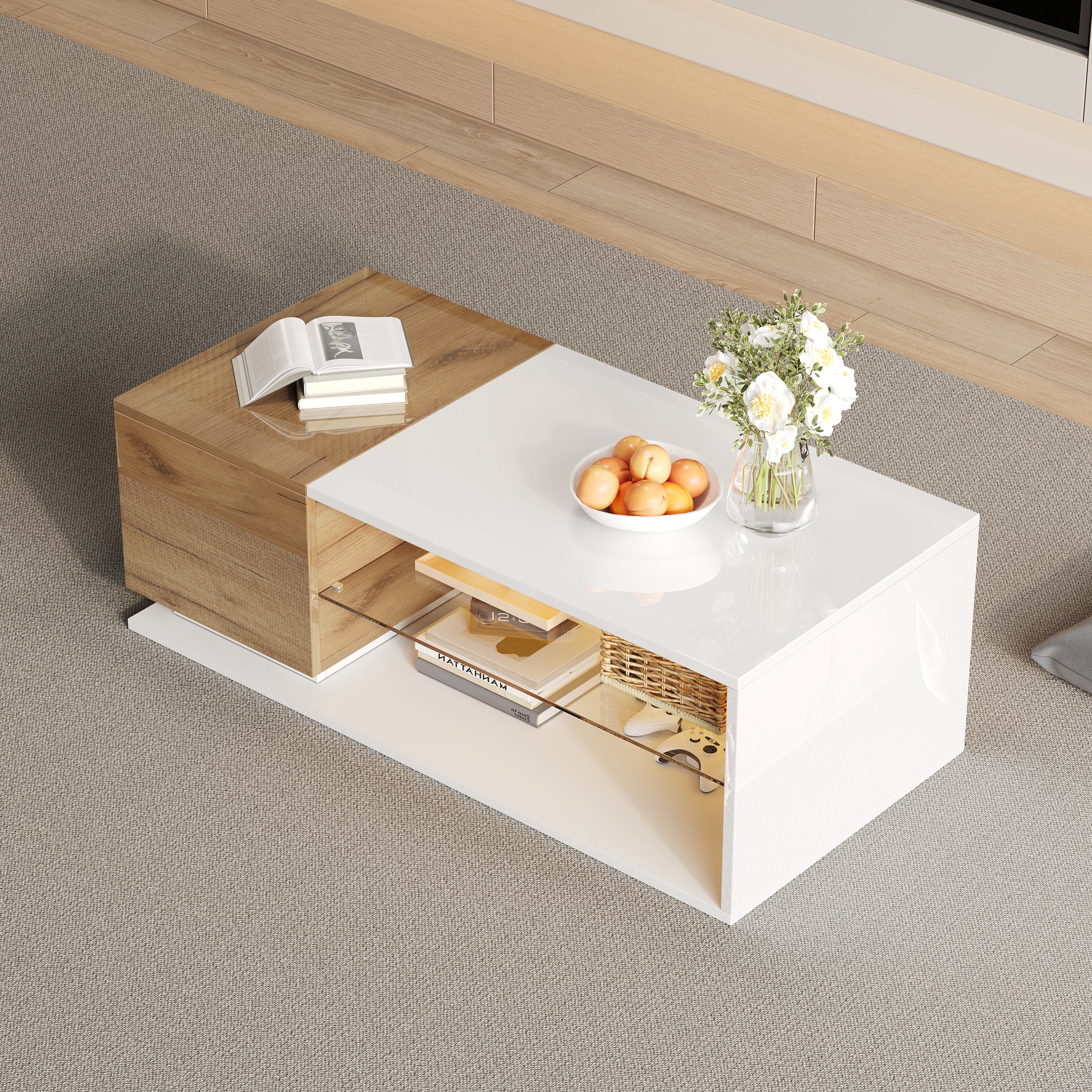 Coffee Table with Open Storage, Glass Shelves and LED, High Gloss White + Wood, MDF + Glass - Image 5