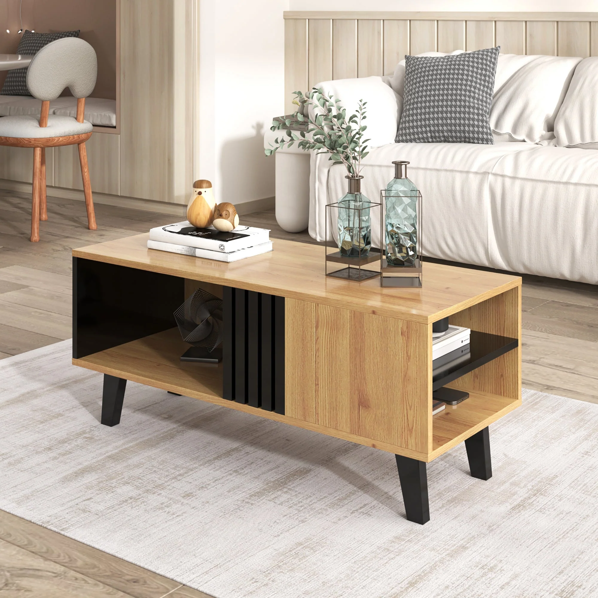 Coffee table with side table and drawer, versatile storage, wood and black design - Image 4
