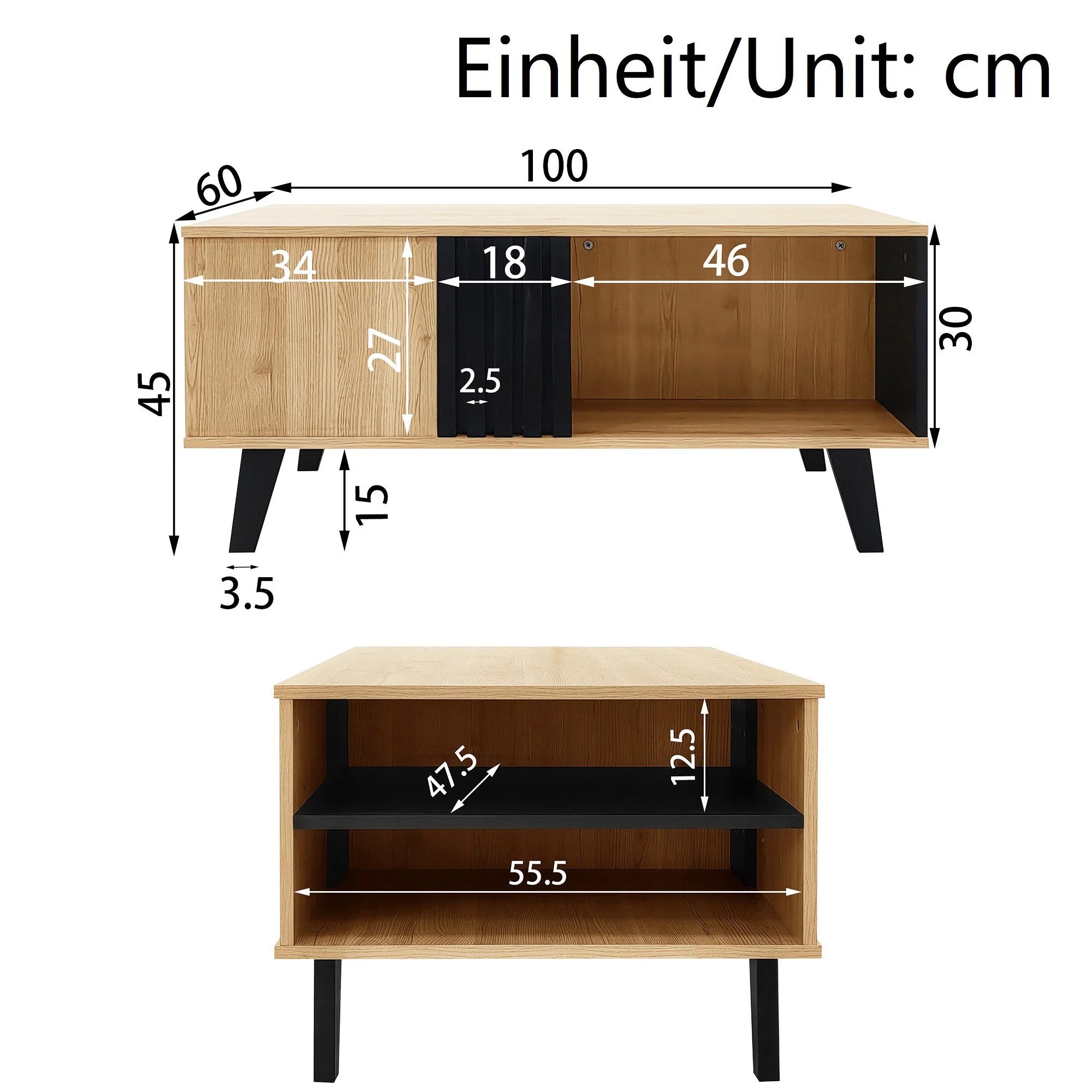 Coffee table with side table and drawer, versatile storage, wood and black design - Image 5