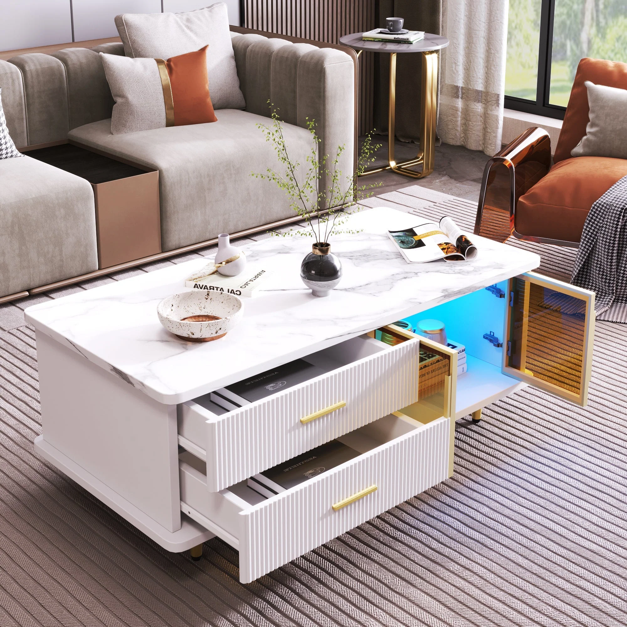 Coffee Table with Tempered Glass Door, Wave-Textured Drawers, Gold Handles, Marble Top - Image 3