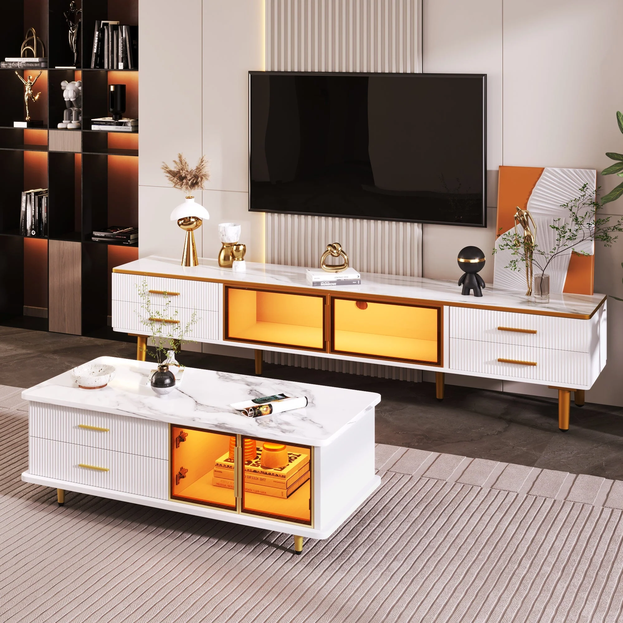 Coffee Table with Tempered Glass Door, Wave-Textured Drawers, Gold Handles, Marble Top - Image 7