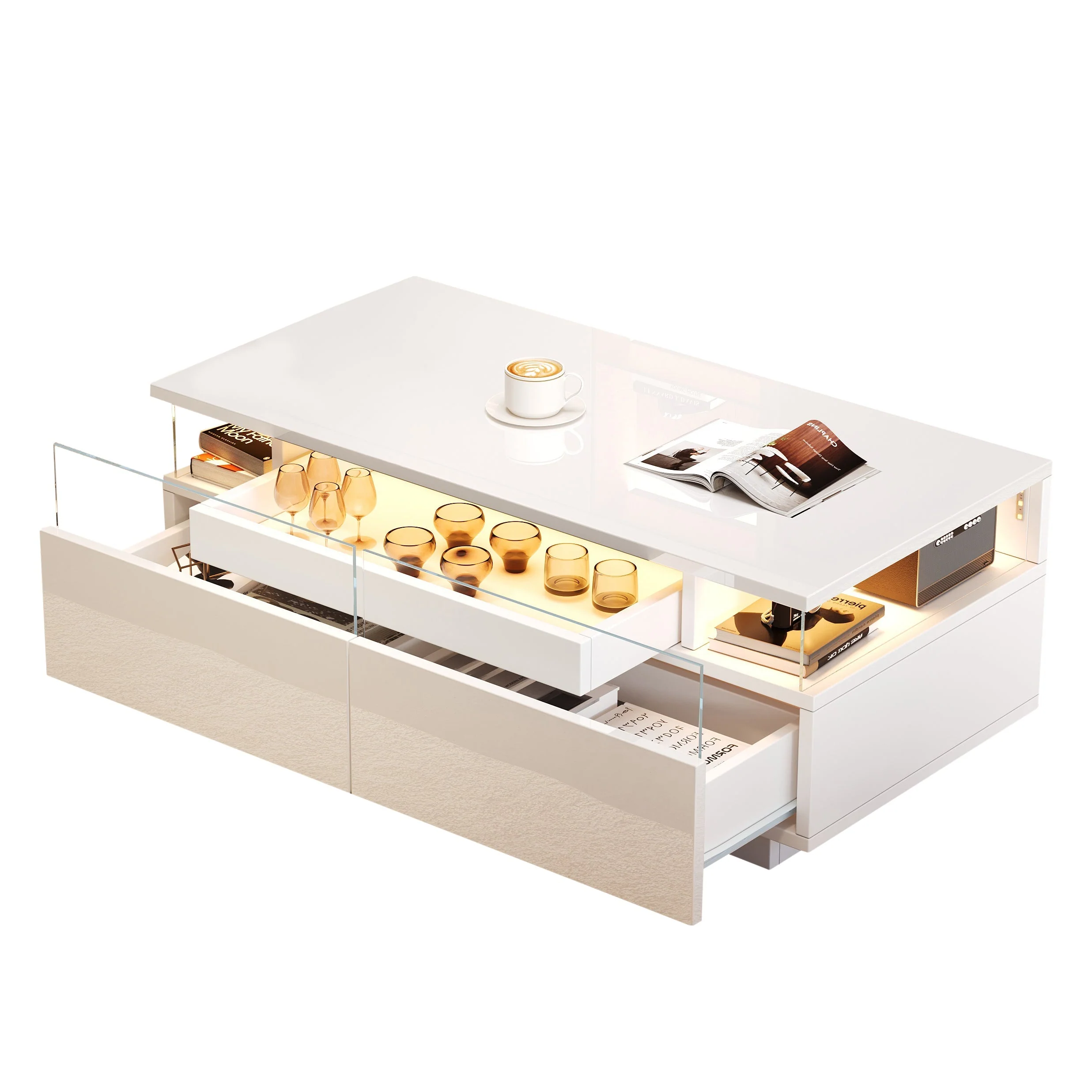 Coffee Table with Tray, 90 x 45 x 35.5 cm, 2 Drawers, Tempered Glass, LED Light, White - Image 10