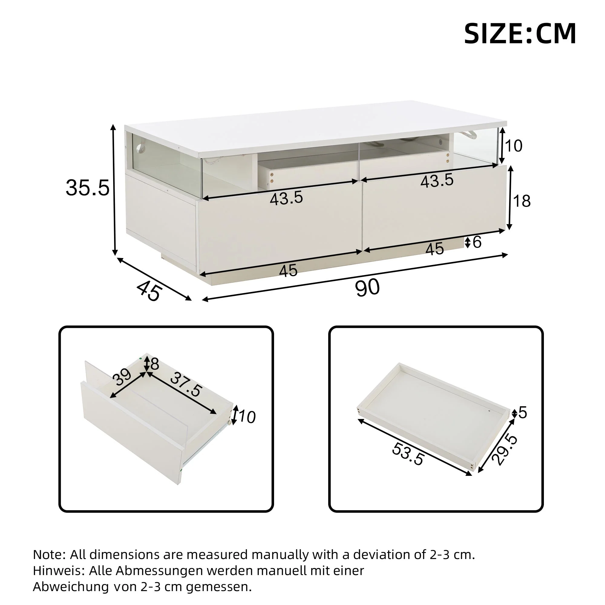 Coffee Table with Tray, 90 x 45 x 35.5 cm, 2 Drawers, Tempered Glass, LED Light, White - Image 6