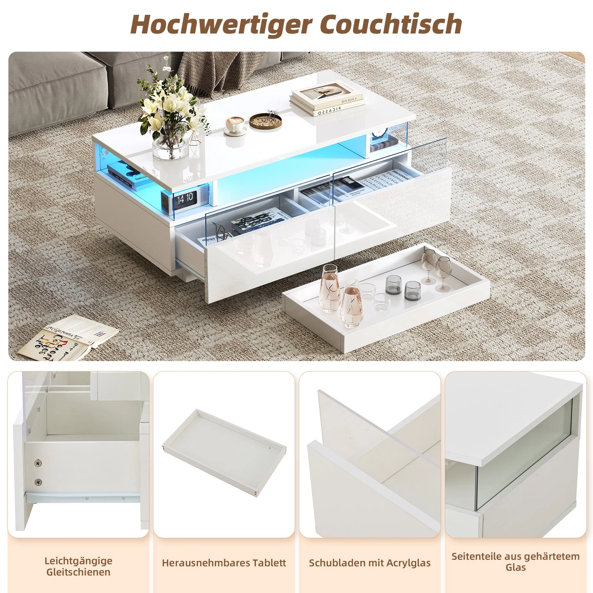 Coffee Table with Tray, 90 x 45 x 35.5 cm, 2 Drawers, Tempered Glass, LED Light, White - Image 7