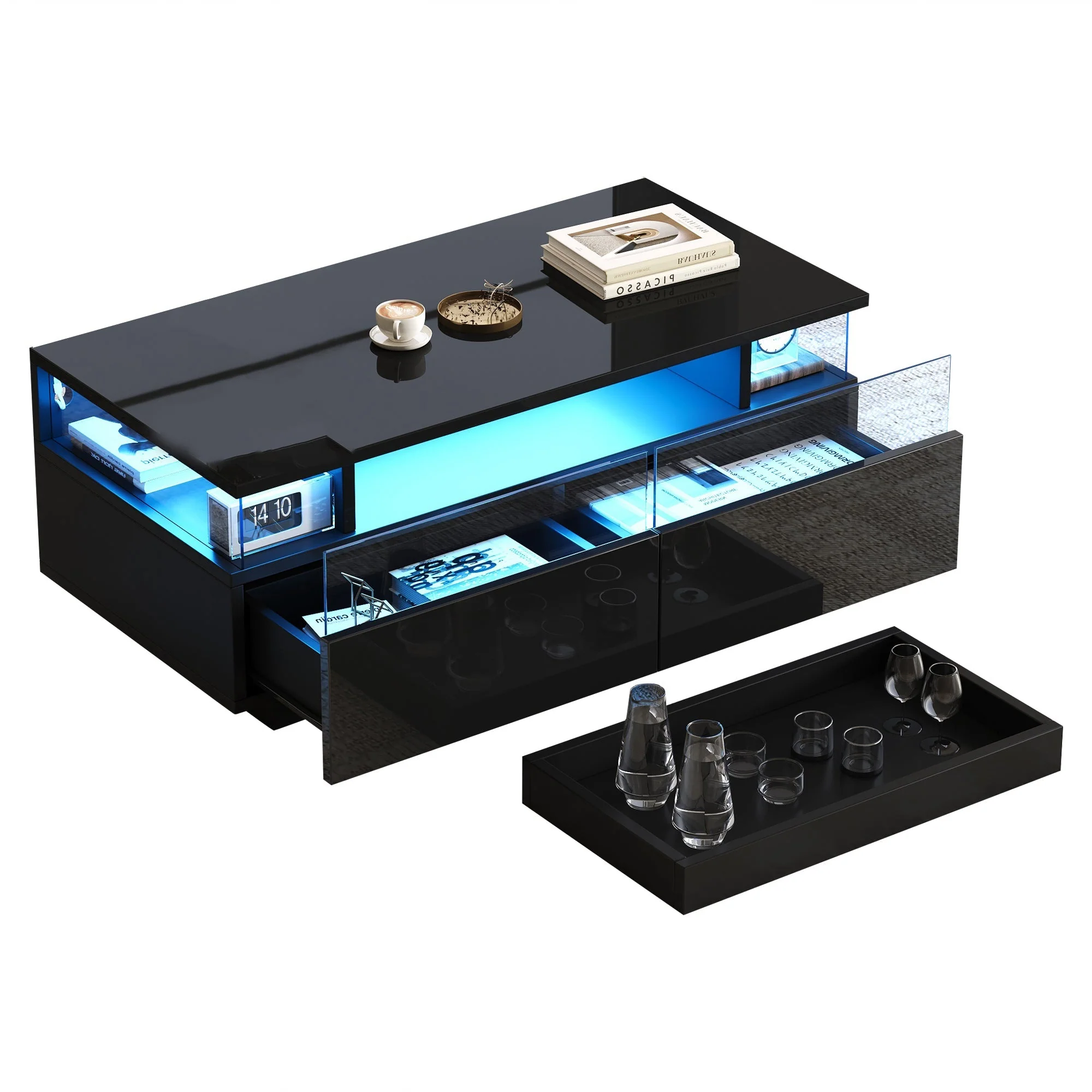 Coffee Table with Tray, High-Gloss, 2 Drawers, Tempered Glass, LED Light, Black - Image 9