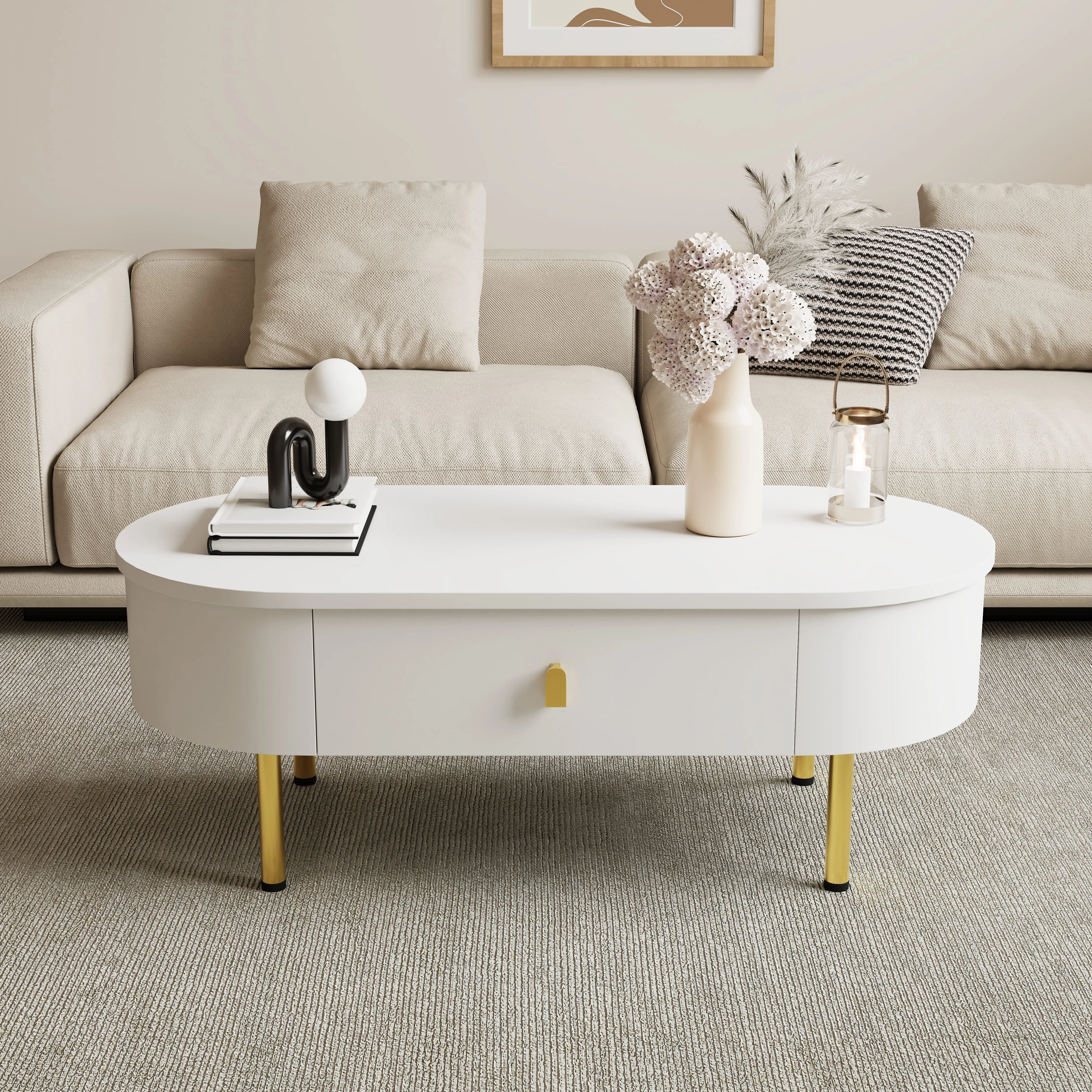 Coffee Table with Two Drawers, Curved Corners, Golden