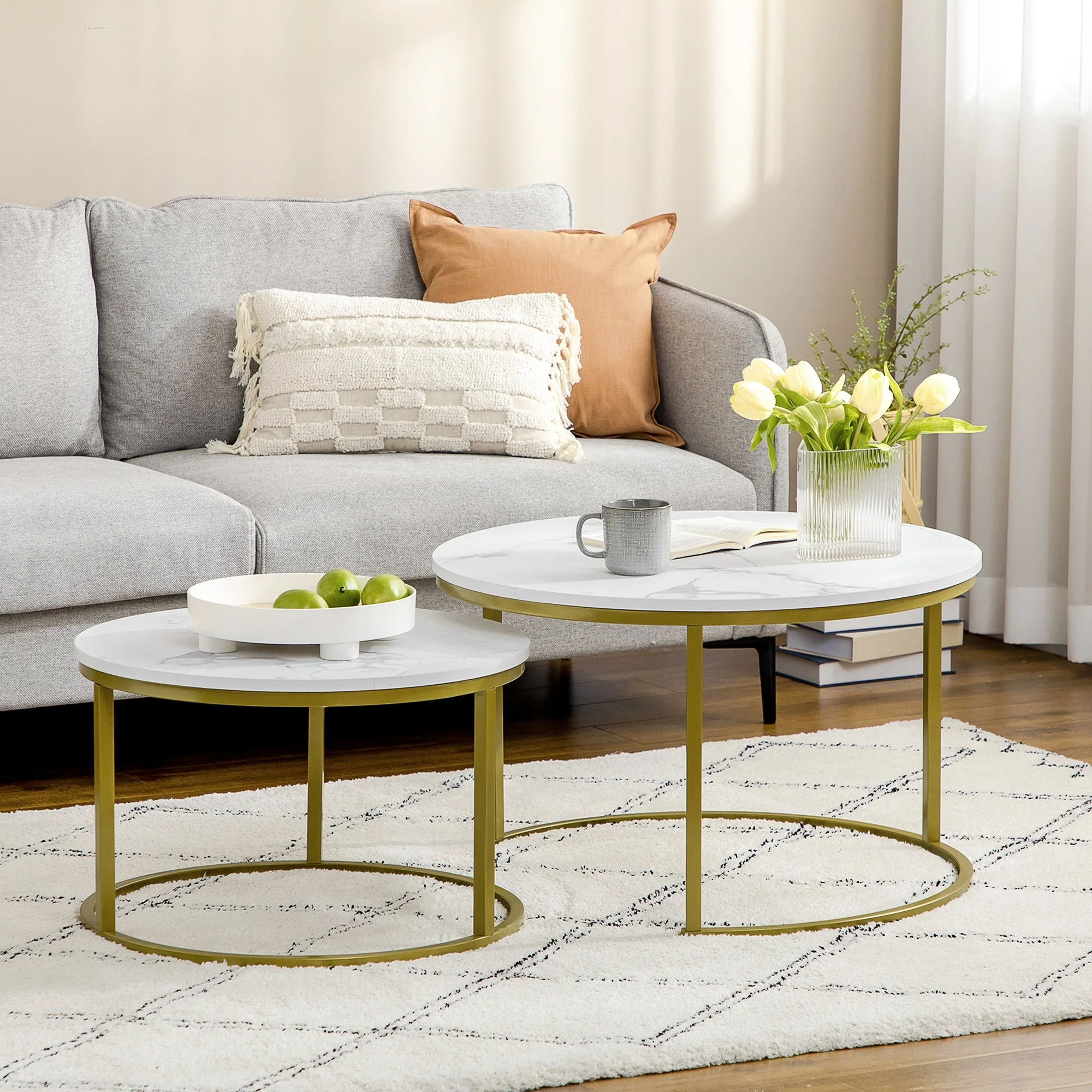 Coffee Tables, Round Stackable with Steel Frame, White