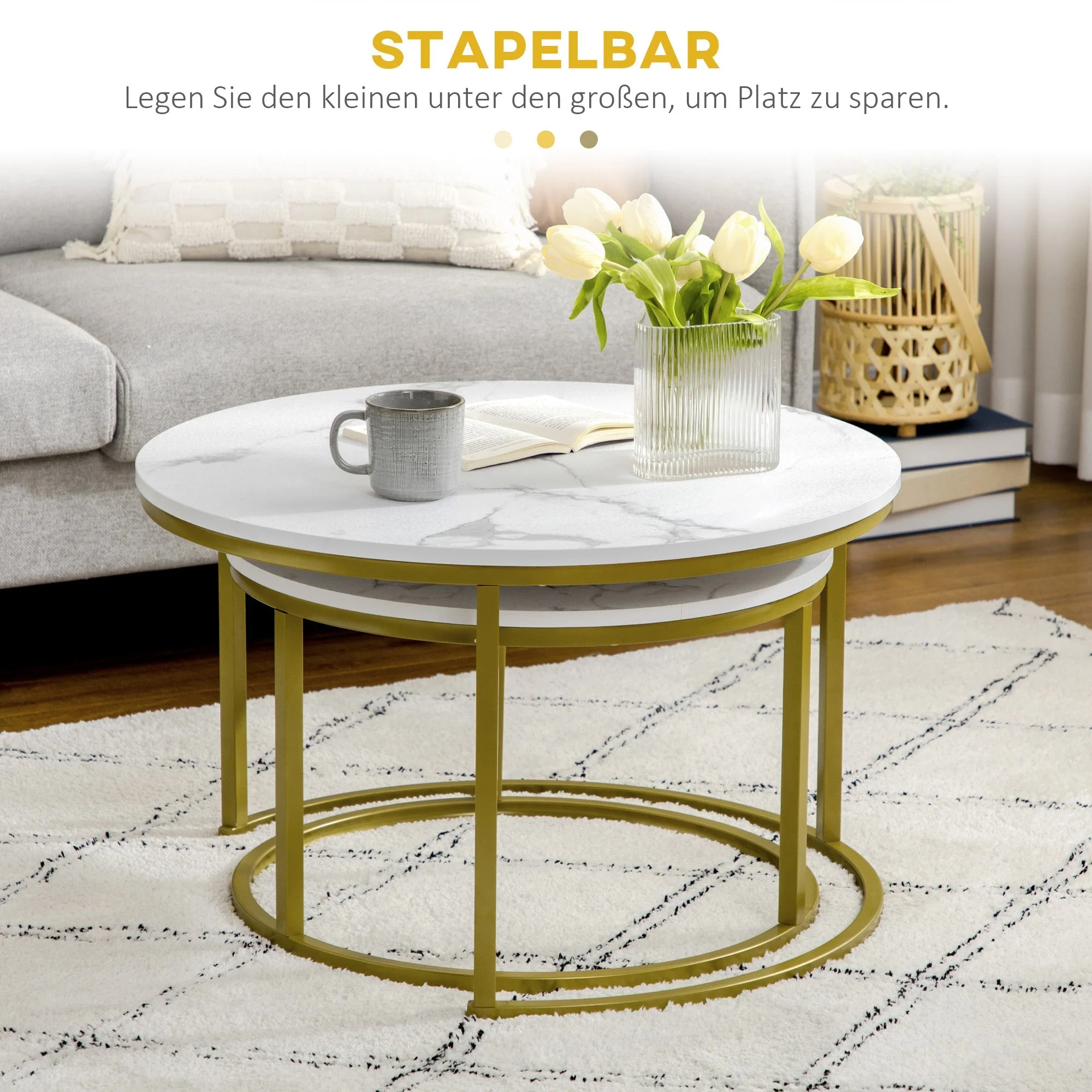 Coffee Tables, Round Stackable with Steel Frame, White - Image 4