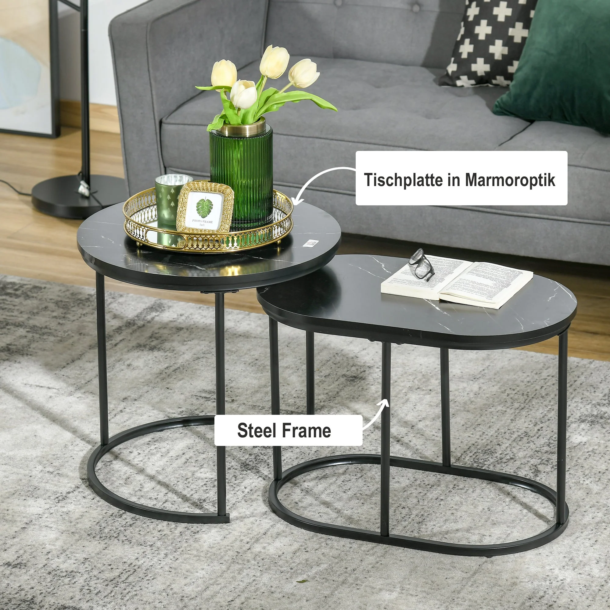 Coffee Tables, Stackable Round Oval MDF & Steel, Black - Image 5