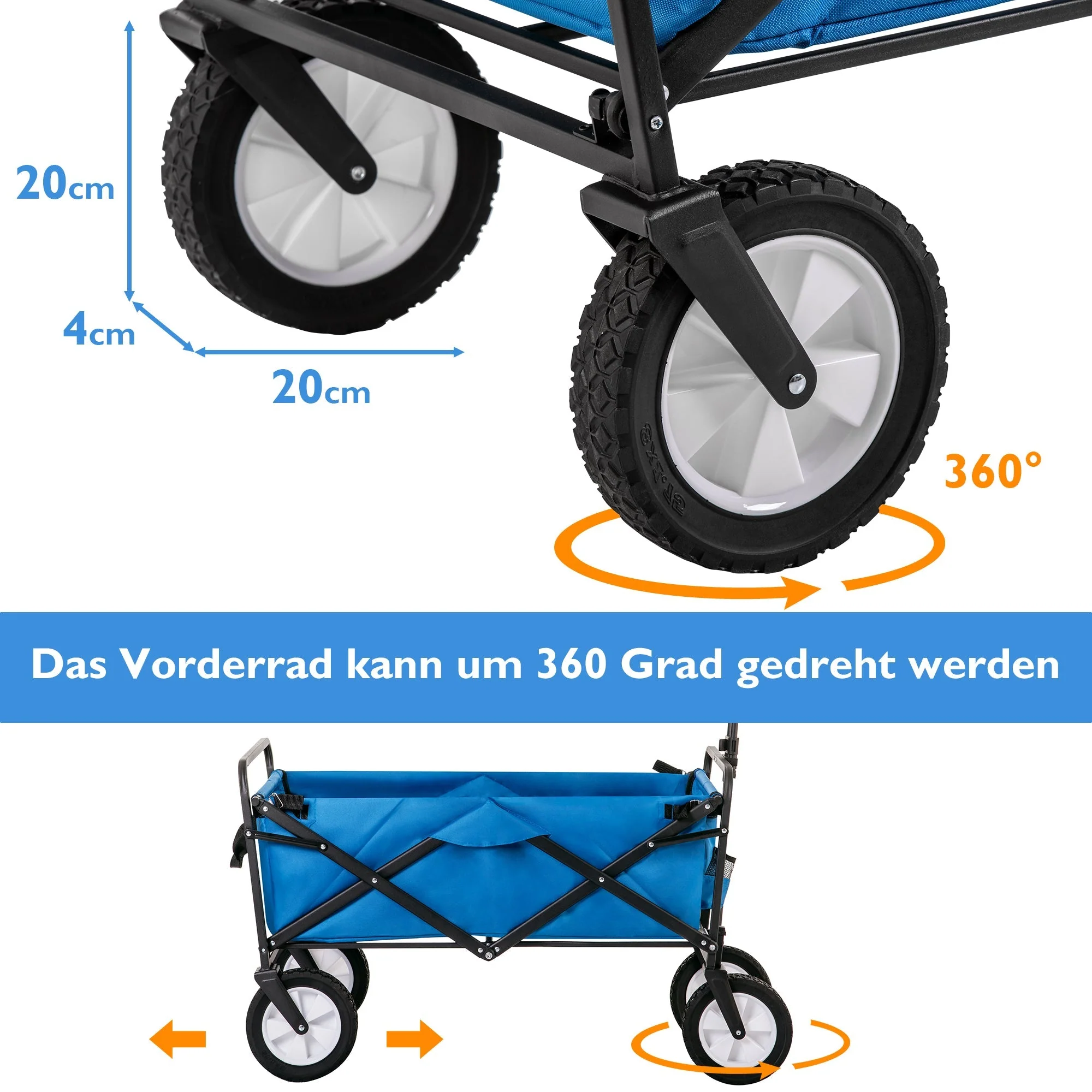 Collapsible Station Wagon Outdoor All Terrain Trolley, Foldable Garden Cart with Mesh Cup Holder and Adjustable Handles, Blue - Image 11