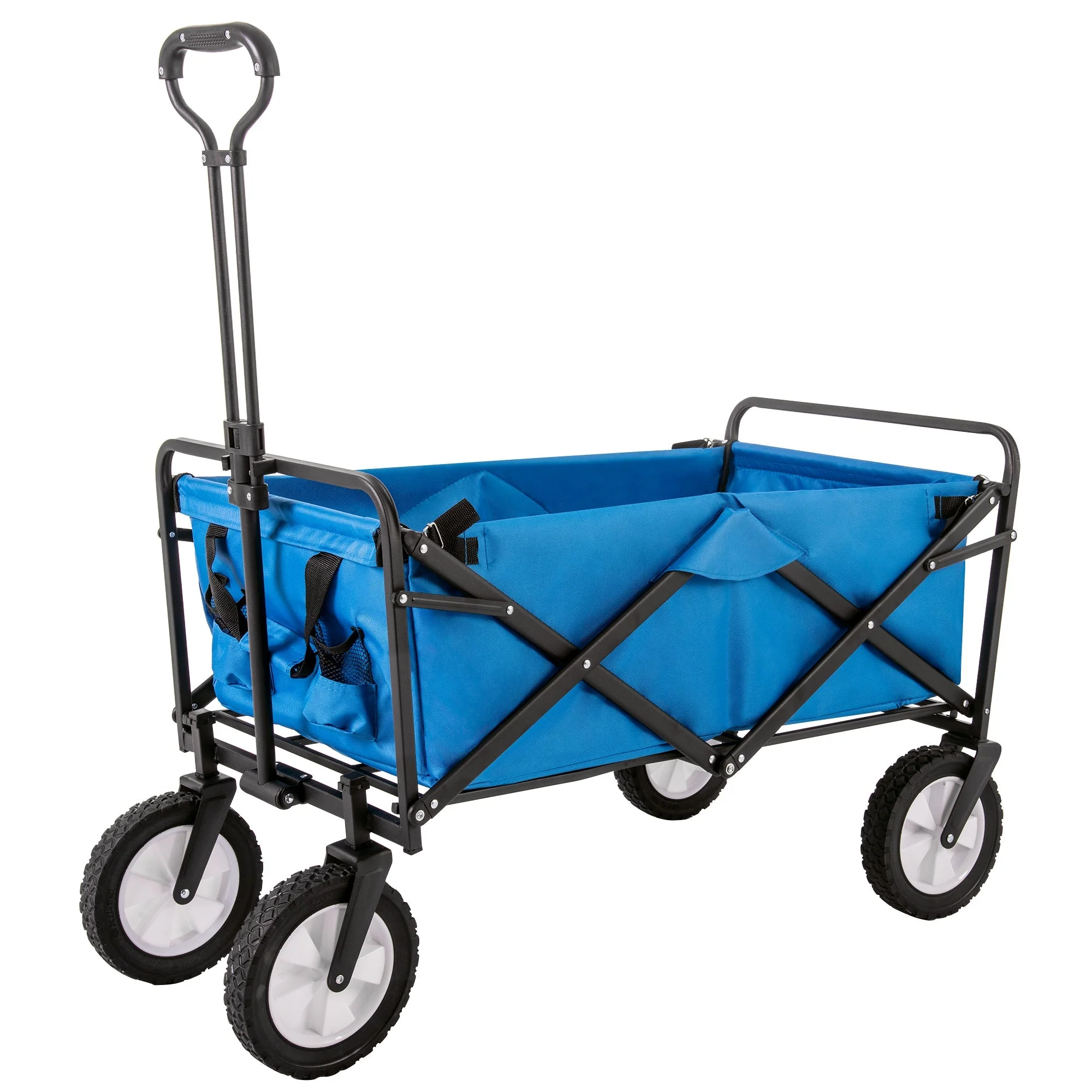 Collapsible Station Wagon Outdoor All Terrain Trolley, Foldable Garden Cart with Mesh Cup Holder and Adjustable Handles, Blue - Image 7