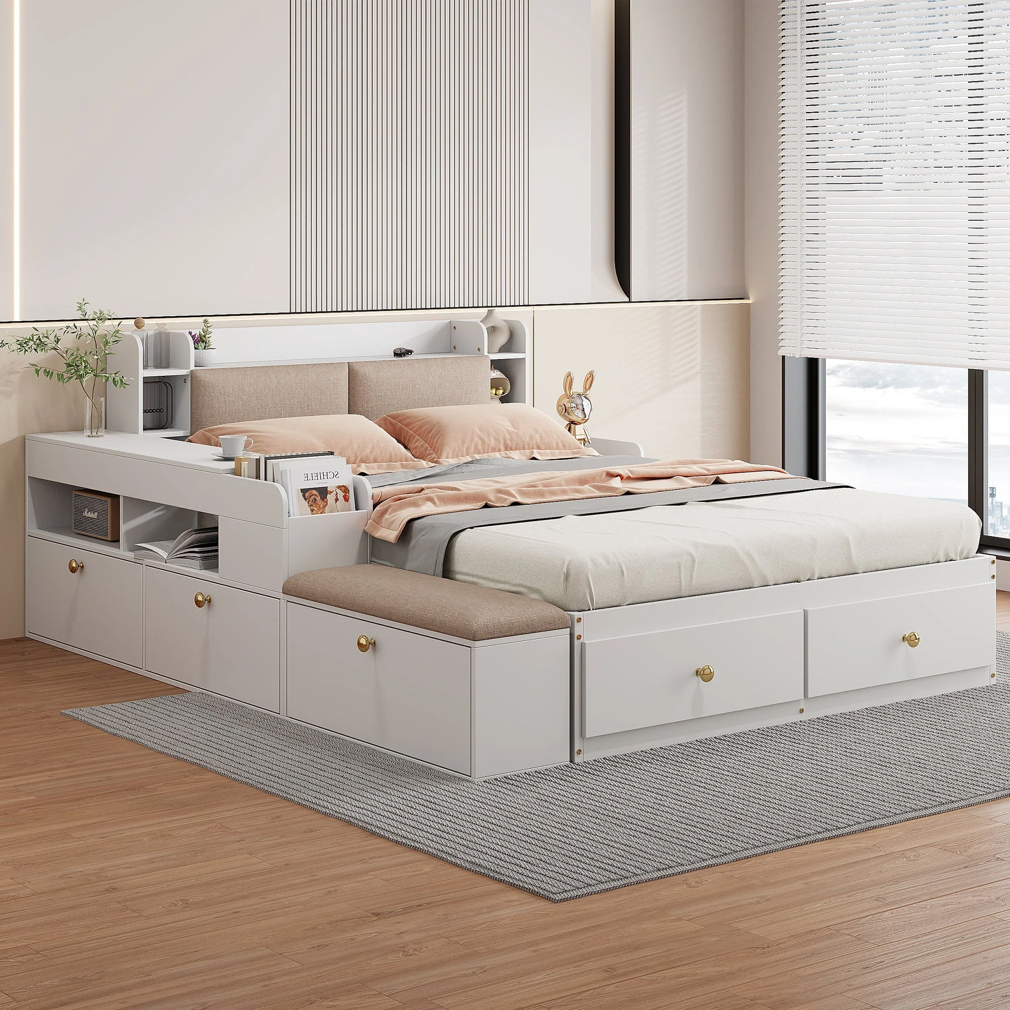 Combo Bed 140*200cm, Storage Headboard with Drawers & Sofa Bench, Solid Wood White