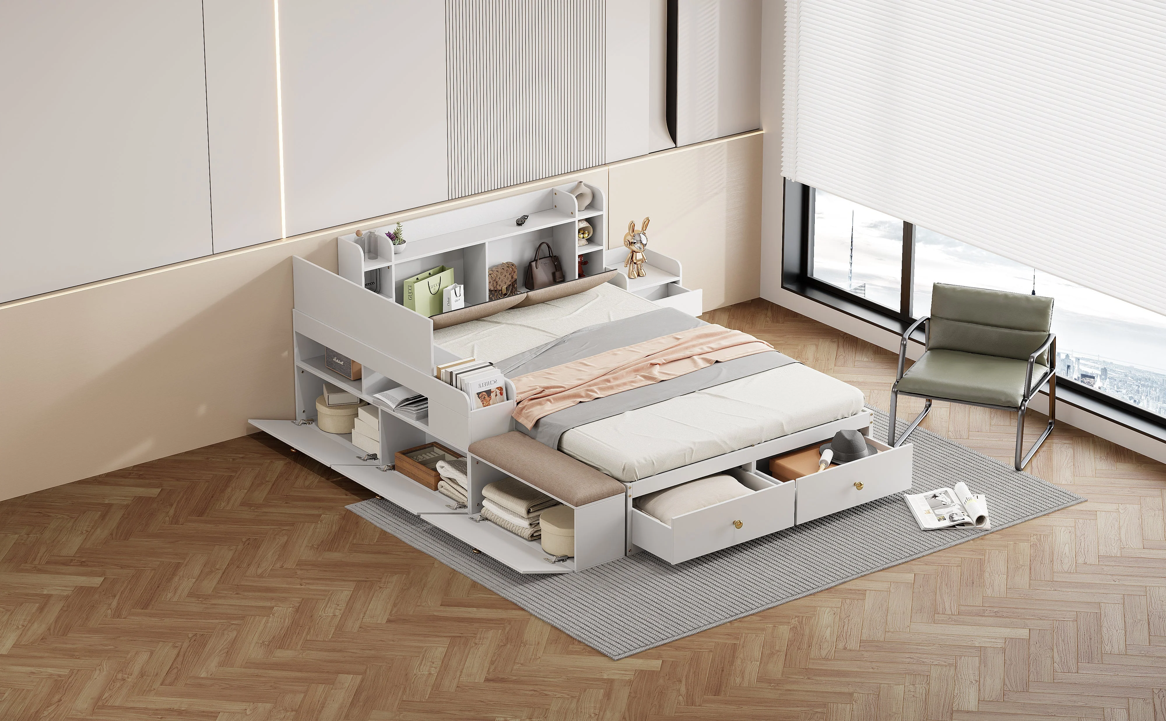 Combo Bed 140*200cm, Storage Headboard with Drawers & Sofa Bench, Solid Wood White - Image 9