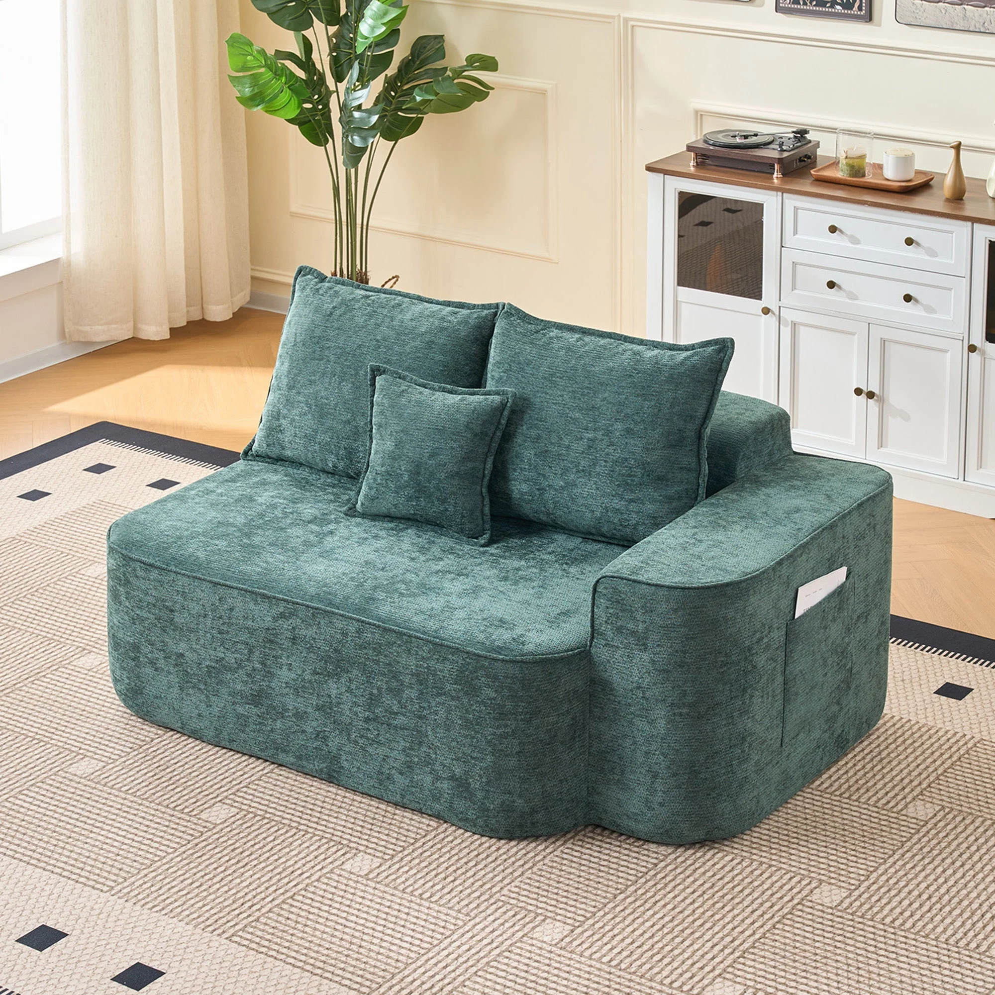 Comfortable 2-Person Sofa with Cushions and Side Pockets, No Assembly Required, Green