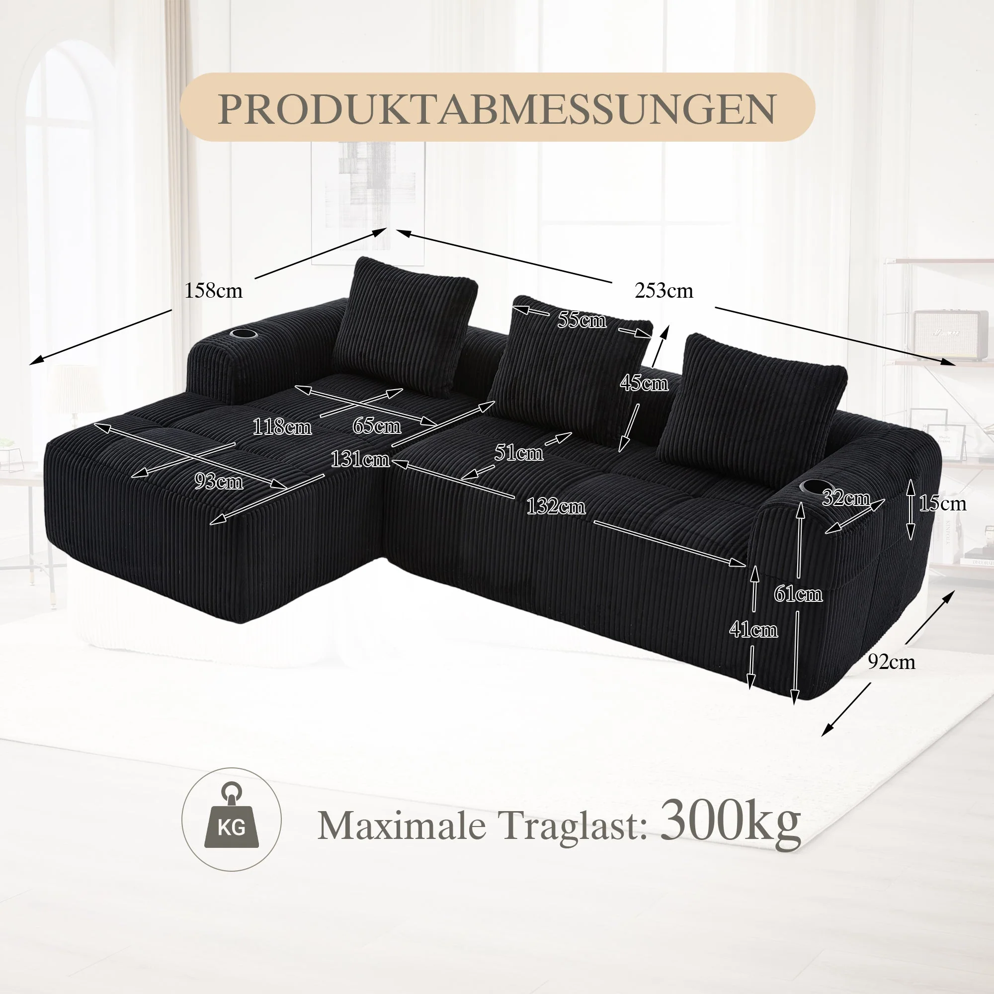 Compact Modular Sofa Side Pocket Cup Holder 3 Cushions - Corduroy Black - Image 2