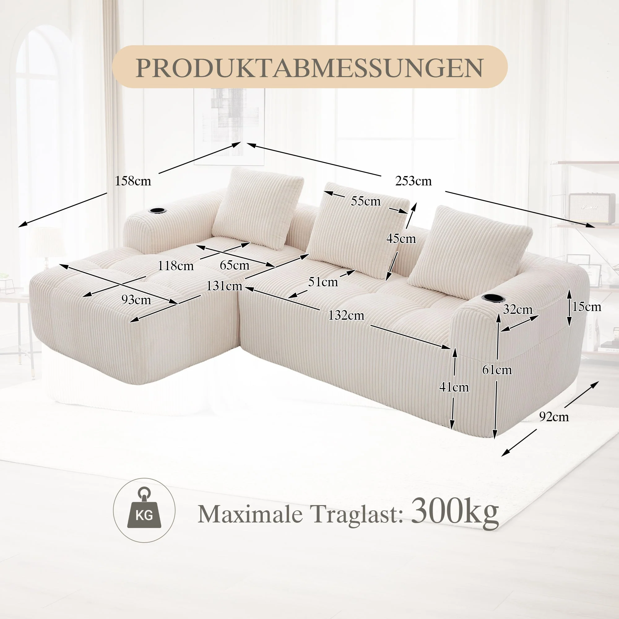 Compact Modular Sofa with Side Pocket, Cup Holder & 3 Cushions - Corduroy Beige - Image 2