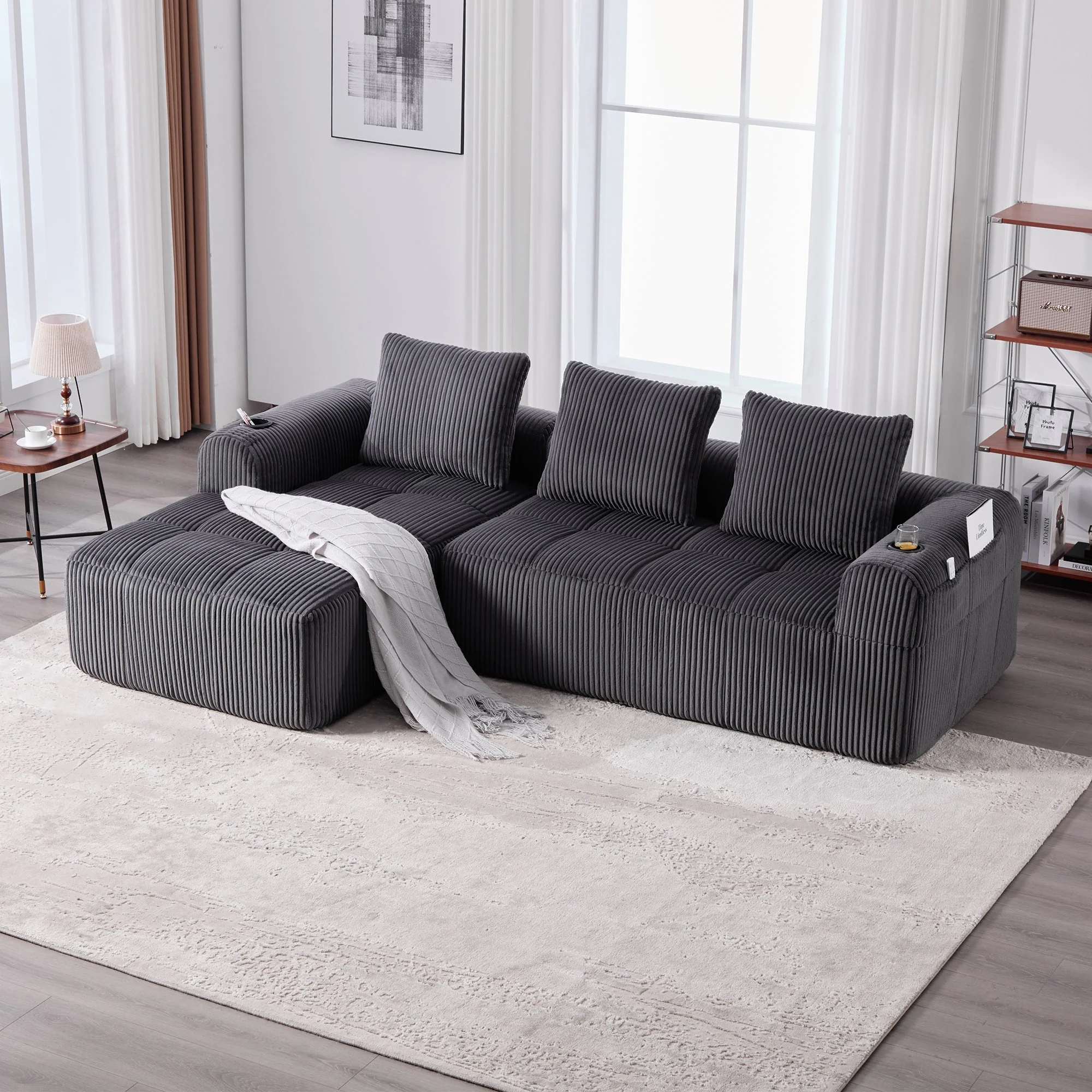Compact Sofa Modular Side Pocket Cup Holder 3 Cushions - Corduroy Dark Gray
