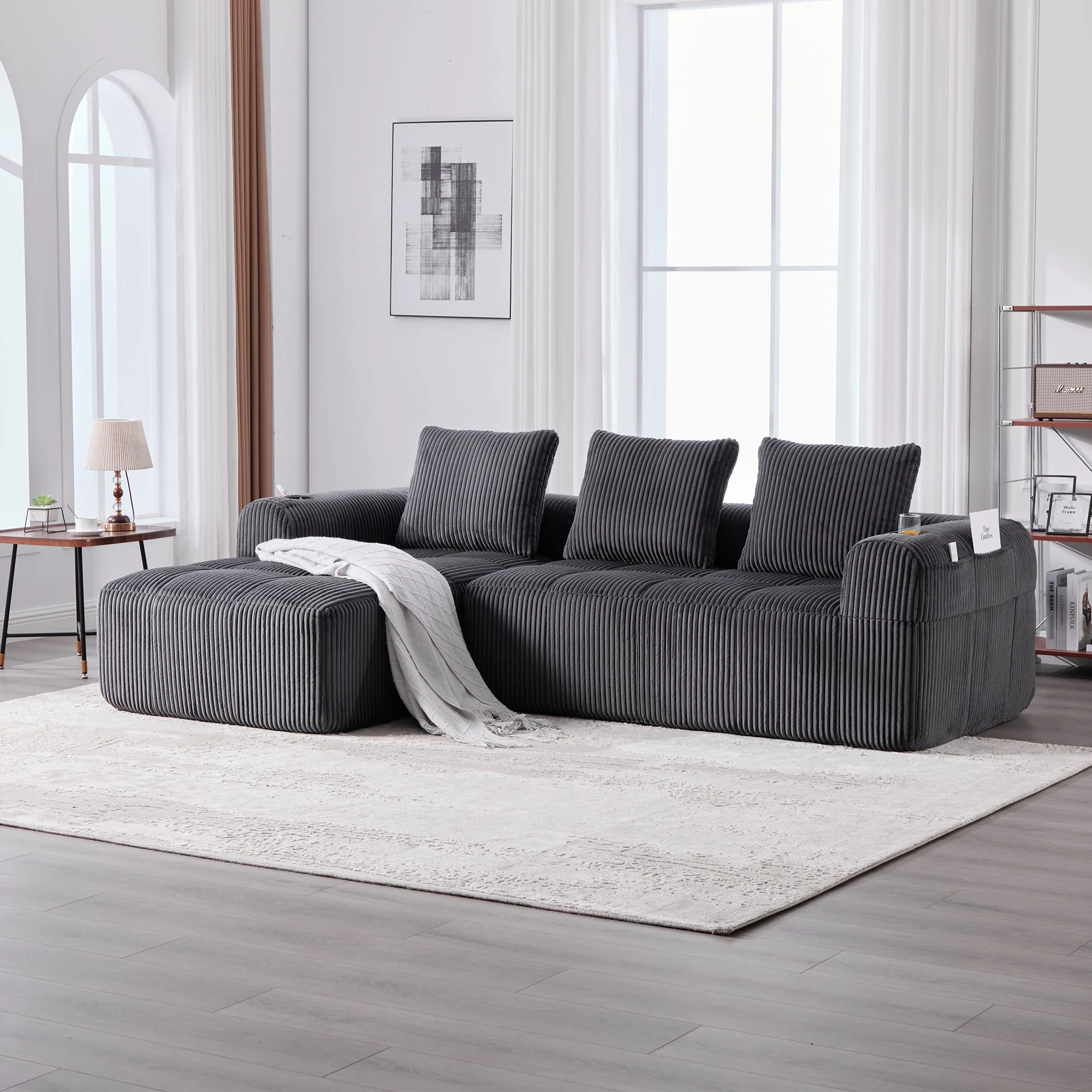 Compact Sofa Modular Side Pocket Cup Holder 3 Cushions - Corduroy Dark Gray - Image 3
