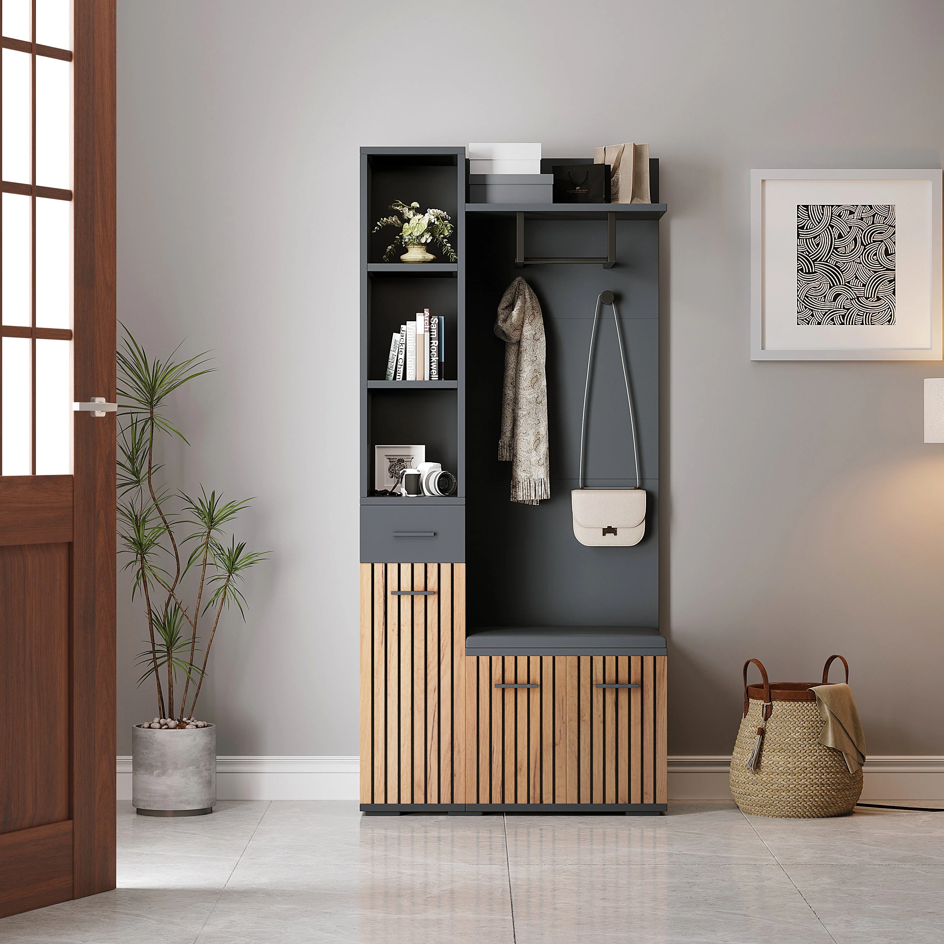 Compact Wardrobe 80*35*175cm 2 Cabinets Coat Rack Shoe Bench Upholstered, Black + Wood Color - Image 2
