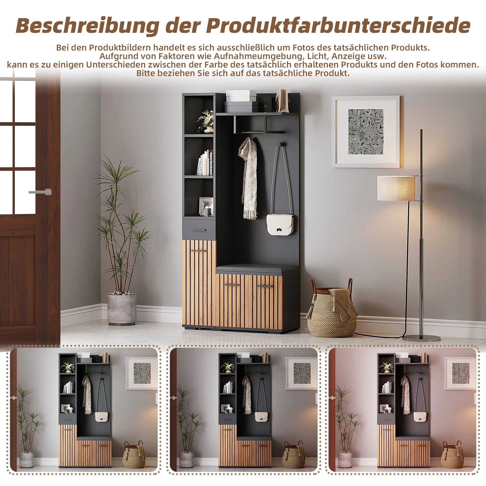 Compact Wardrobe 80*35*175cm 2 Cabinets Coat Rack Shoe Bench Upholstered, Black + Wood Color - Image 5