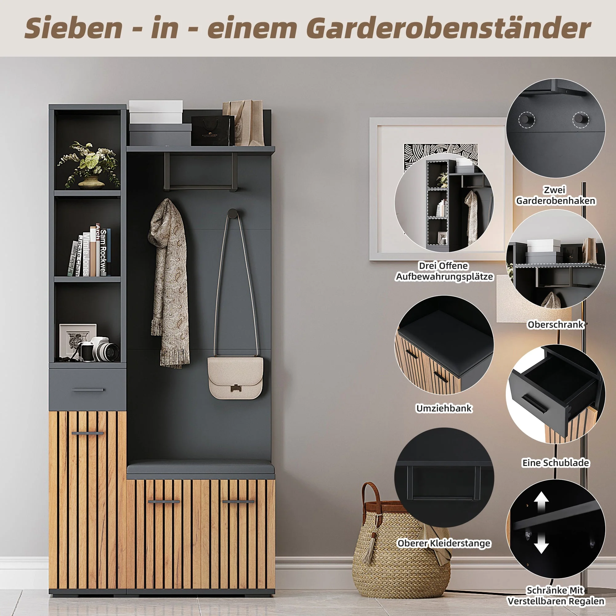 Compact Wardrobe 80*35*175cm 2 Cabinets Coat Rack Shoe Bench Upholstered, Black + Wood Color - Image 8