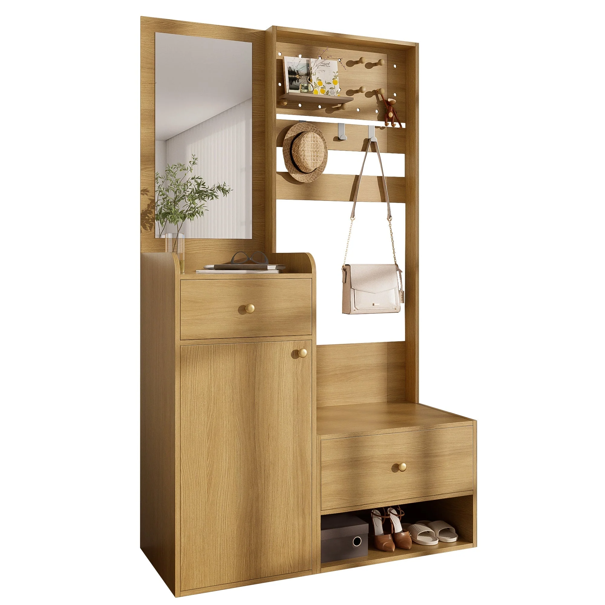 Compact Wardrobe, Entryway Shelf with Mirror, Adjustable Hooks, Wood-Coloured - Image 2