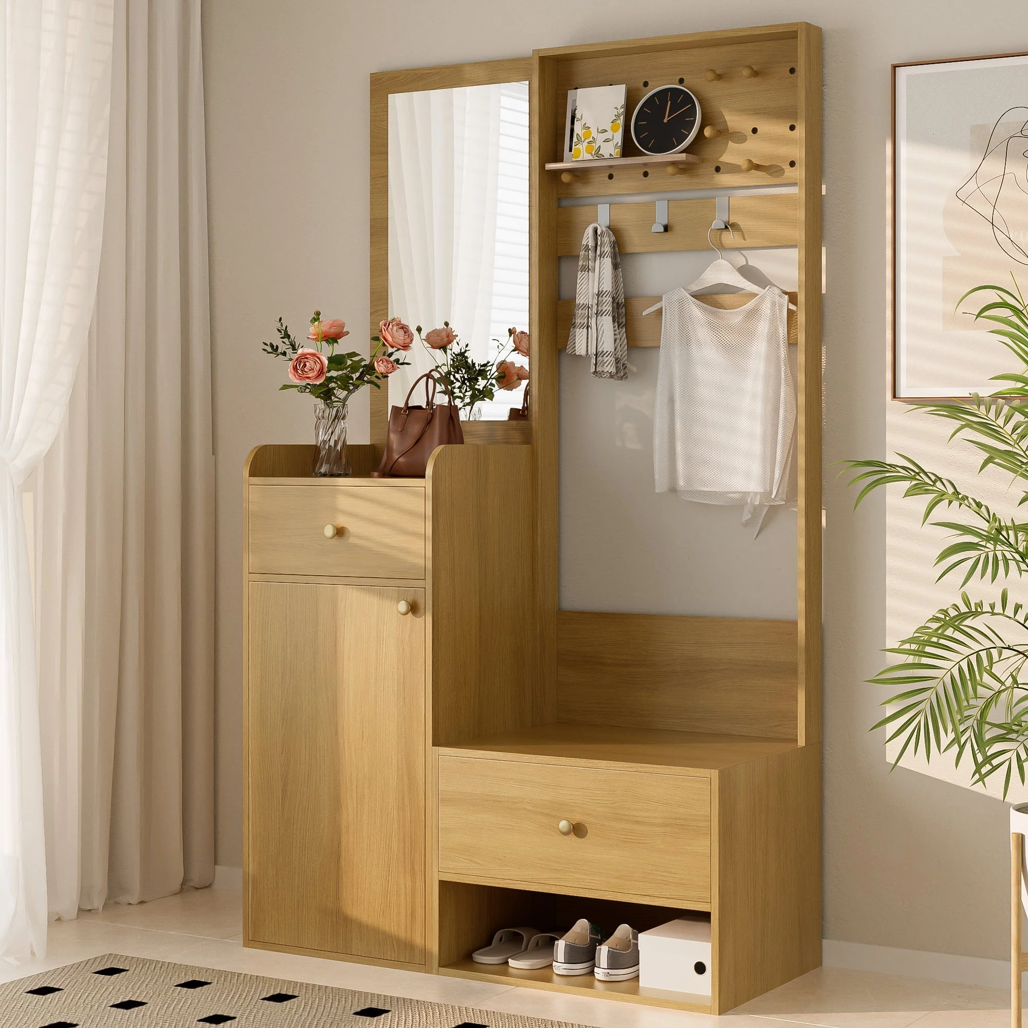 Compact Wardrobe, Entryway Shelf with Mirror, Adjustable Hooks, Wood-Coloured - Image 6