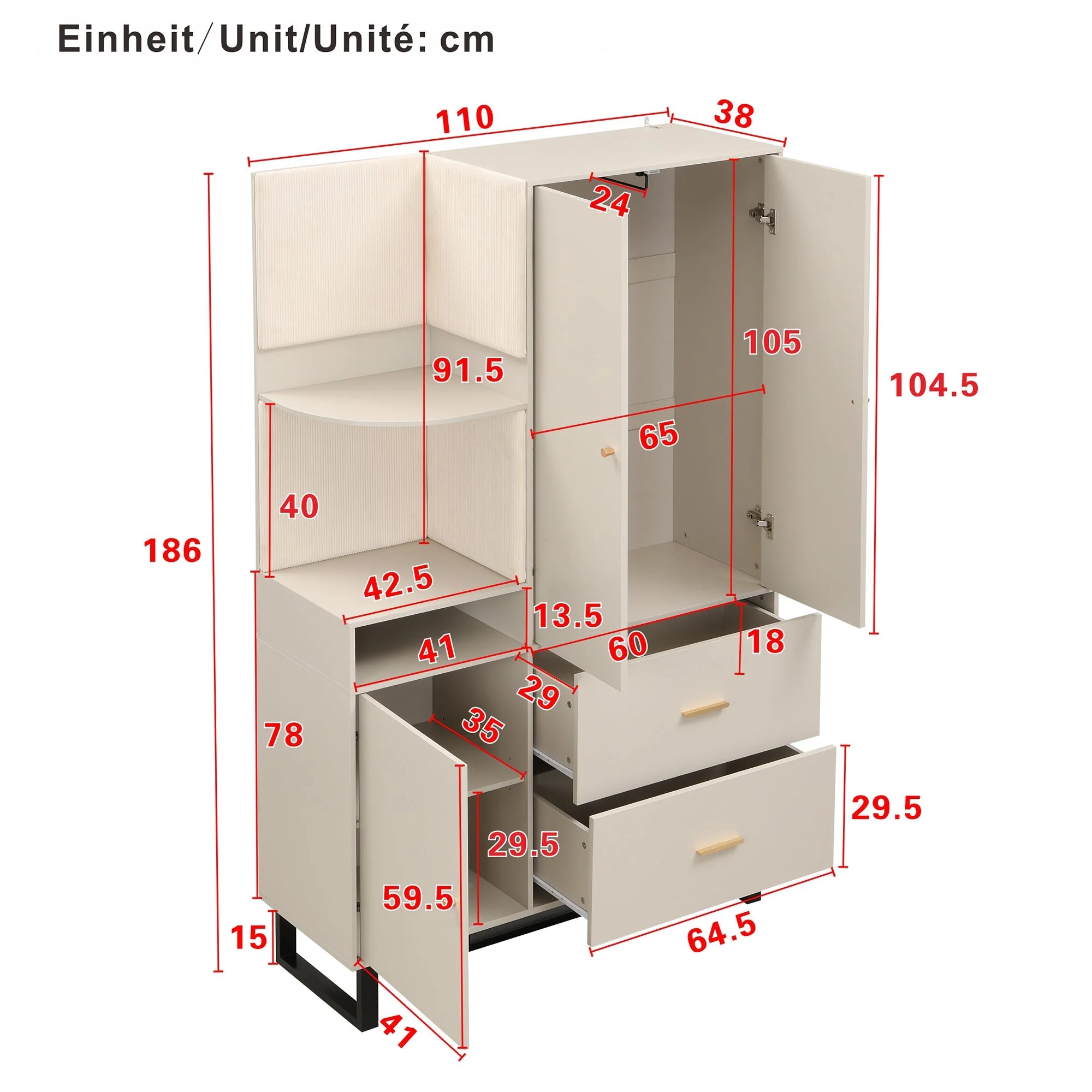 Compact Wardrobe, Hallway with Upholstered Panels & Shoe Cupboard, 110x186x38 cm - Image 6
