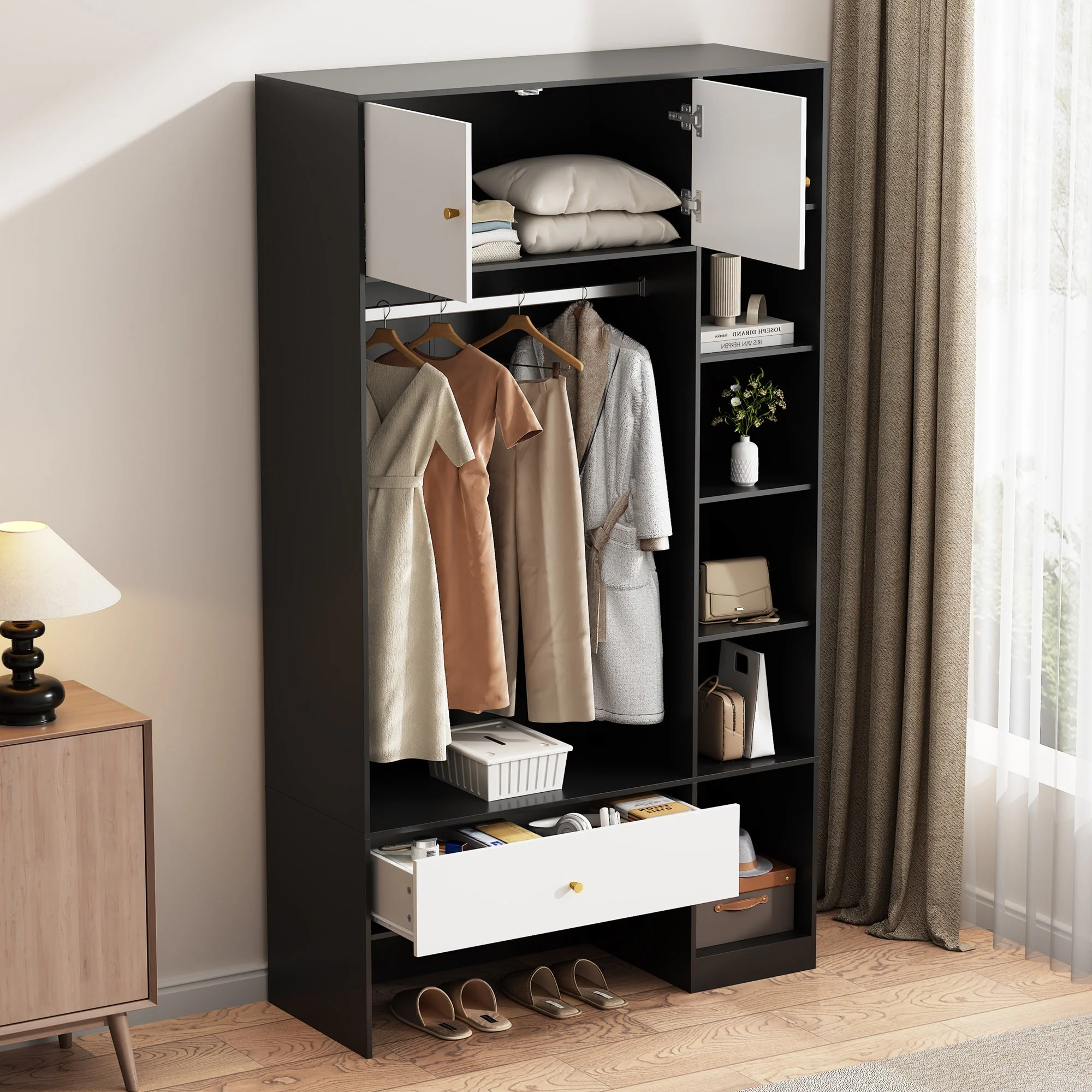 Compact Wardrobe Set 2 Doors 6 Compartments Clothes Rail Drawer Black and White - Image 2
